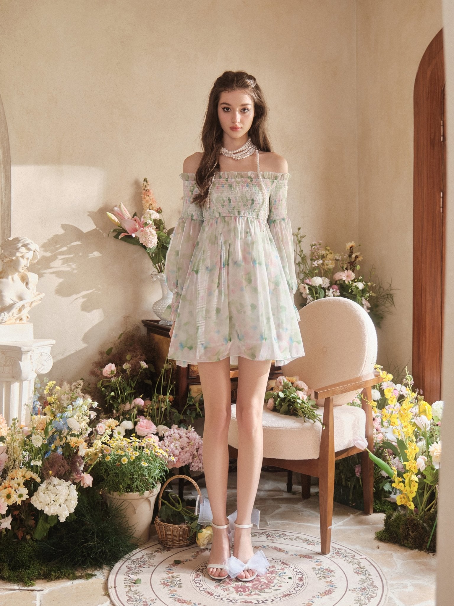 THREE QUARTERS Off-Shoulder Light Green Dress | MADA IN CHINA