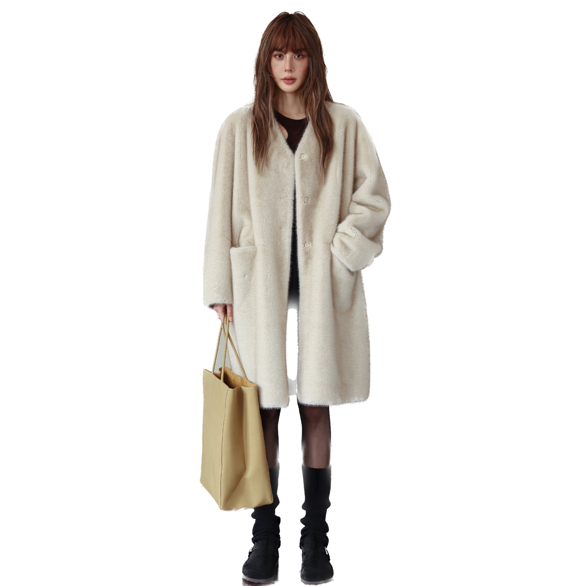 SOMESOWE Pearl Faux Fur Long Coat | MADA IN CHINA