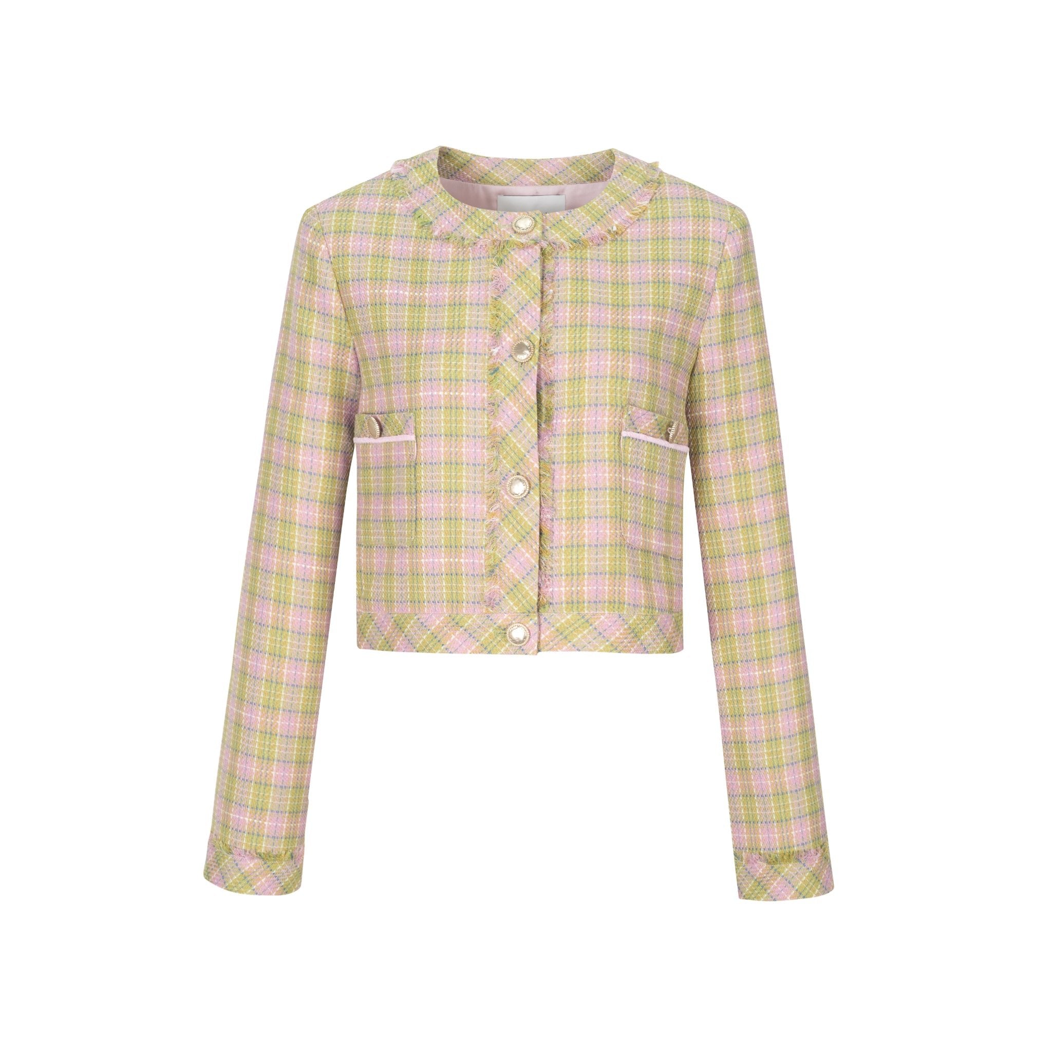 Alexia Sandra Pink And Green Checkered Tweed Plaid Blazer | MADA IN CHINA