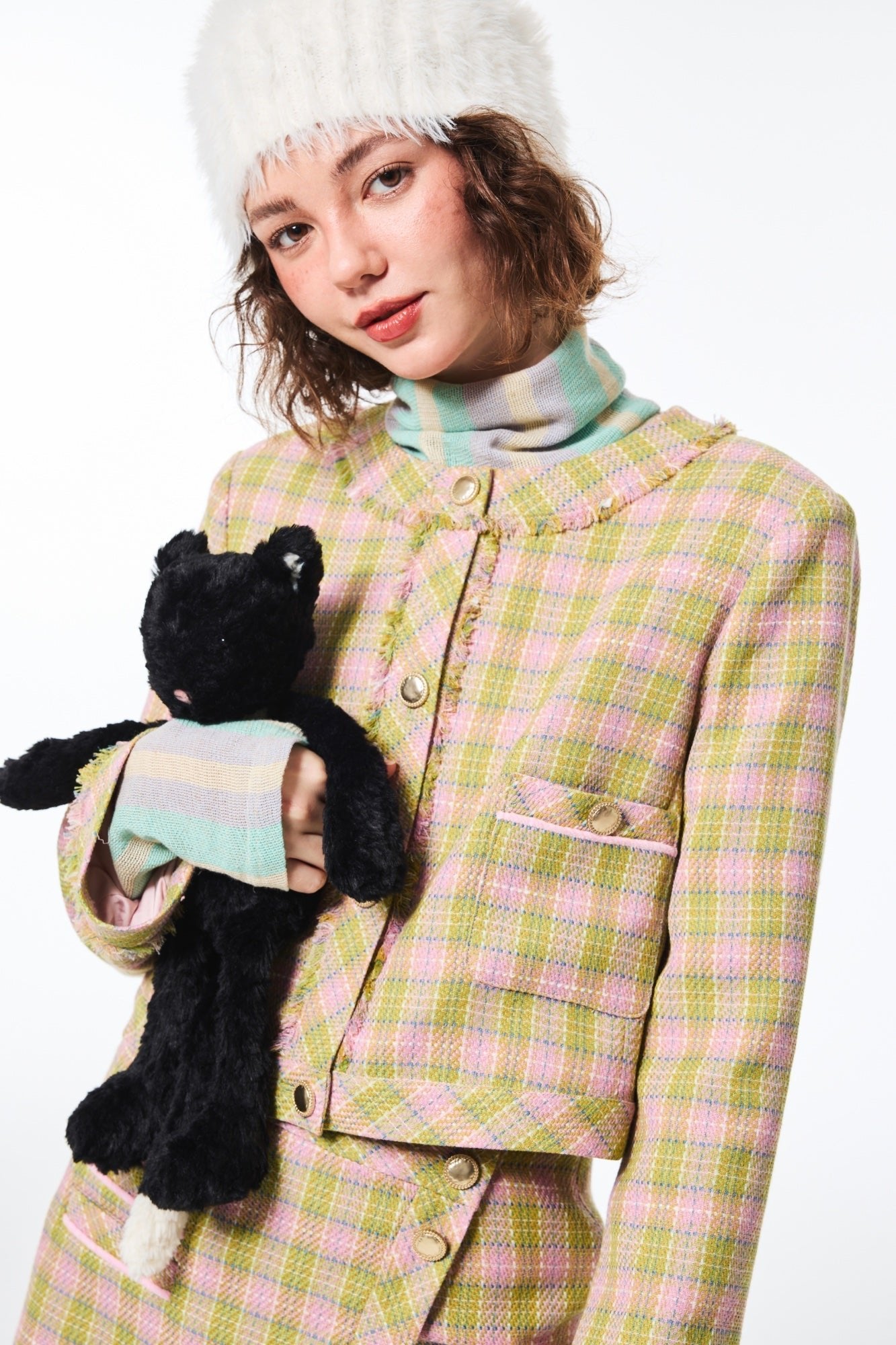 Alexia Sandra Pink And Green Checkered Tweed Plaid Blazer | MADA IN CHINA