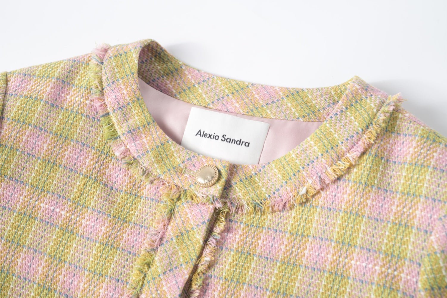 Alexia Sandra Pink And Green Checkered Tweed Plaid Blazer | MADA IN CHINA