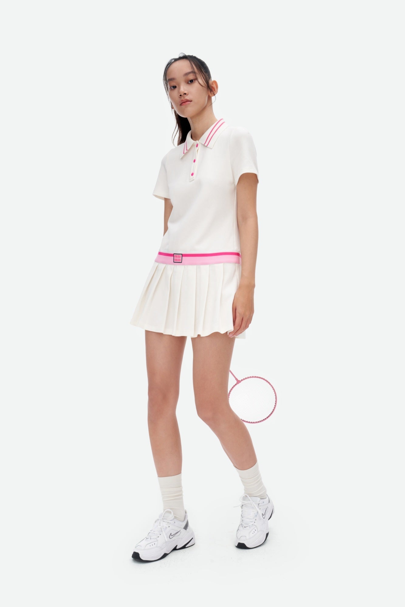 HERLIAN Pink And White Pleated Short Polo Dress | MADA IN CHINA