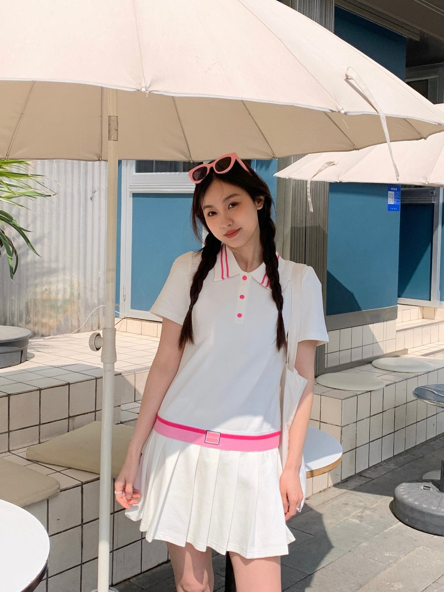 Pleated Short Polo Dress in Pink And White | MADAX