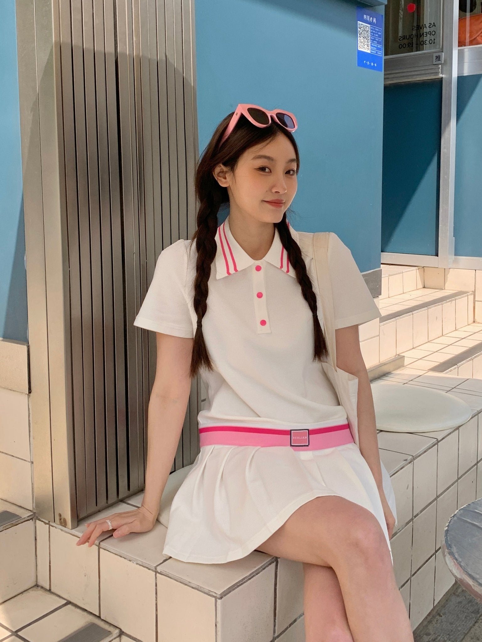 HERLIAN Pink And White Pleated Short Polo Dress | MADA IN CHINA