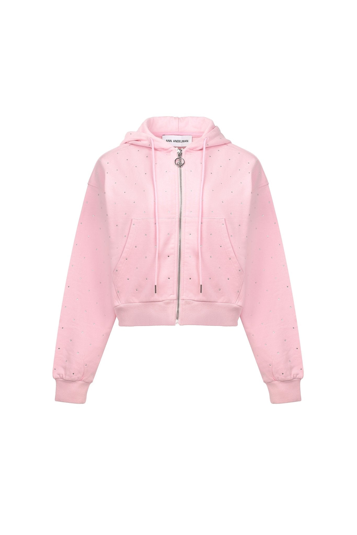 ANN ANDELMAN Pink Diamante Embellished Zipper Hoodie | MADA IN CHINA