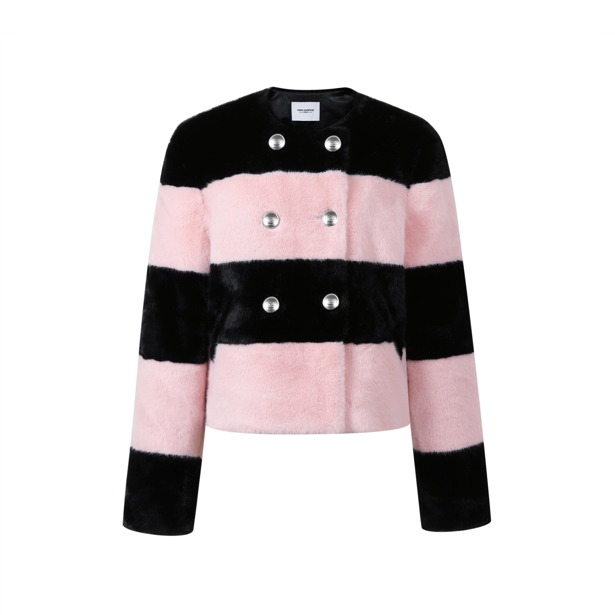 THREE QUARTERS Pink Striped Patchwork Fur Coat | MADA IN CHINA