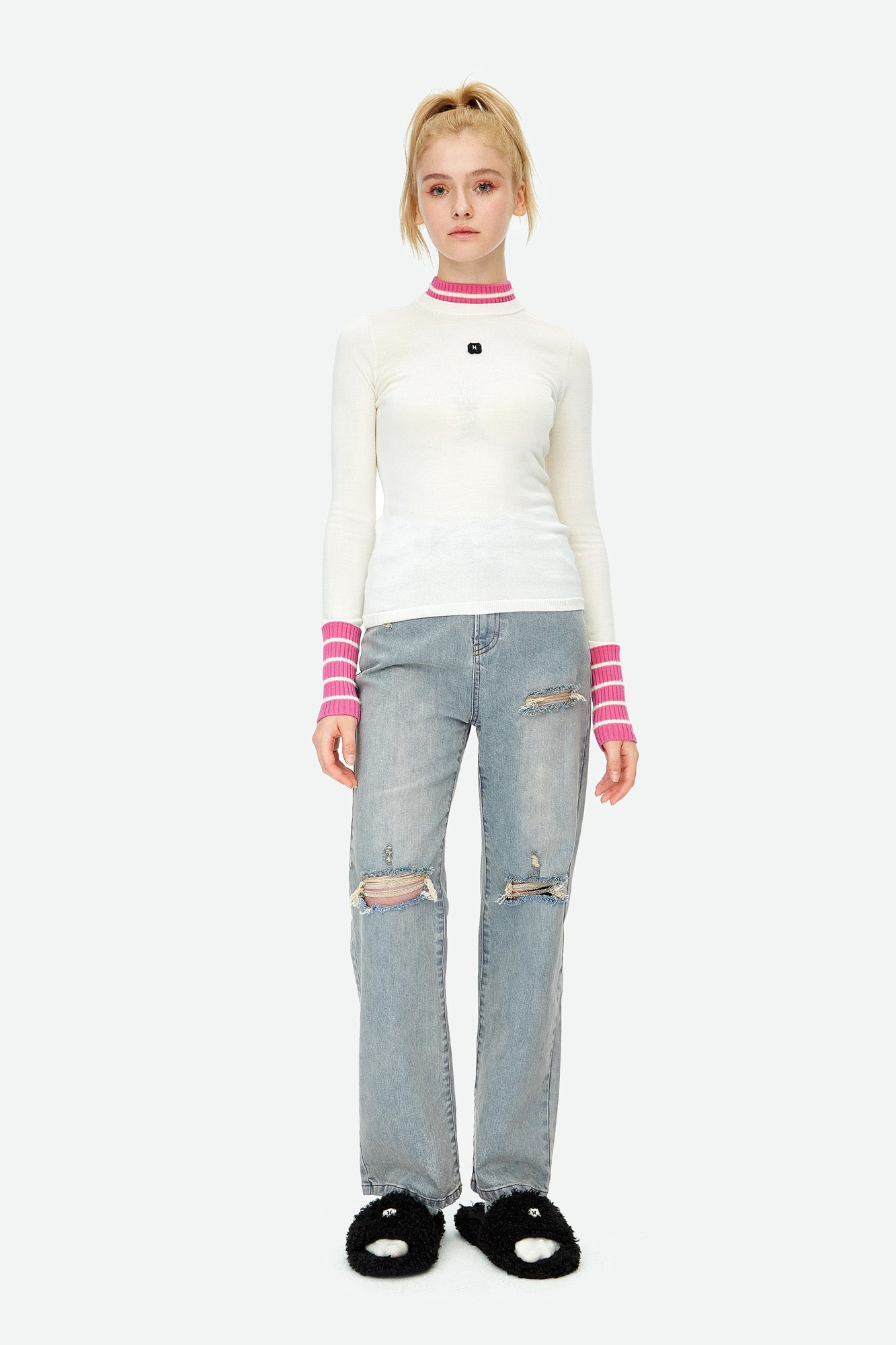 HERLIAN Pink Wool Double Layer Collar Bottom Sweater | MADA IN CHINA