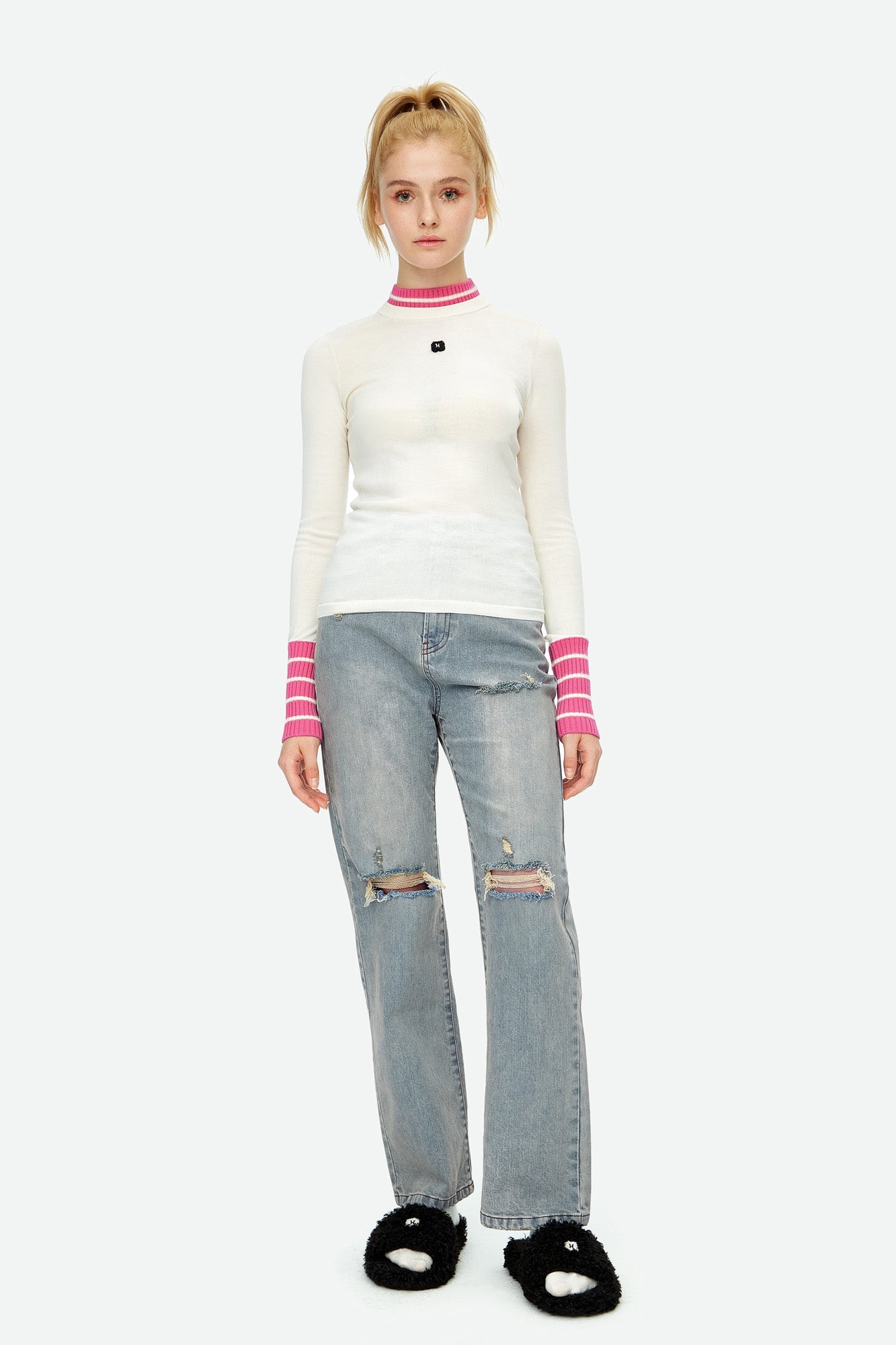 HERLIAN Pink Wool Double Layer Collar Bottom Sweater | MADA IN CHINA