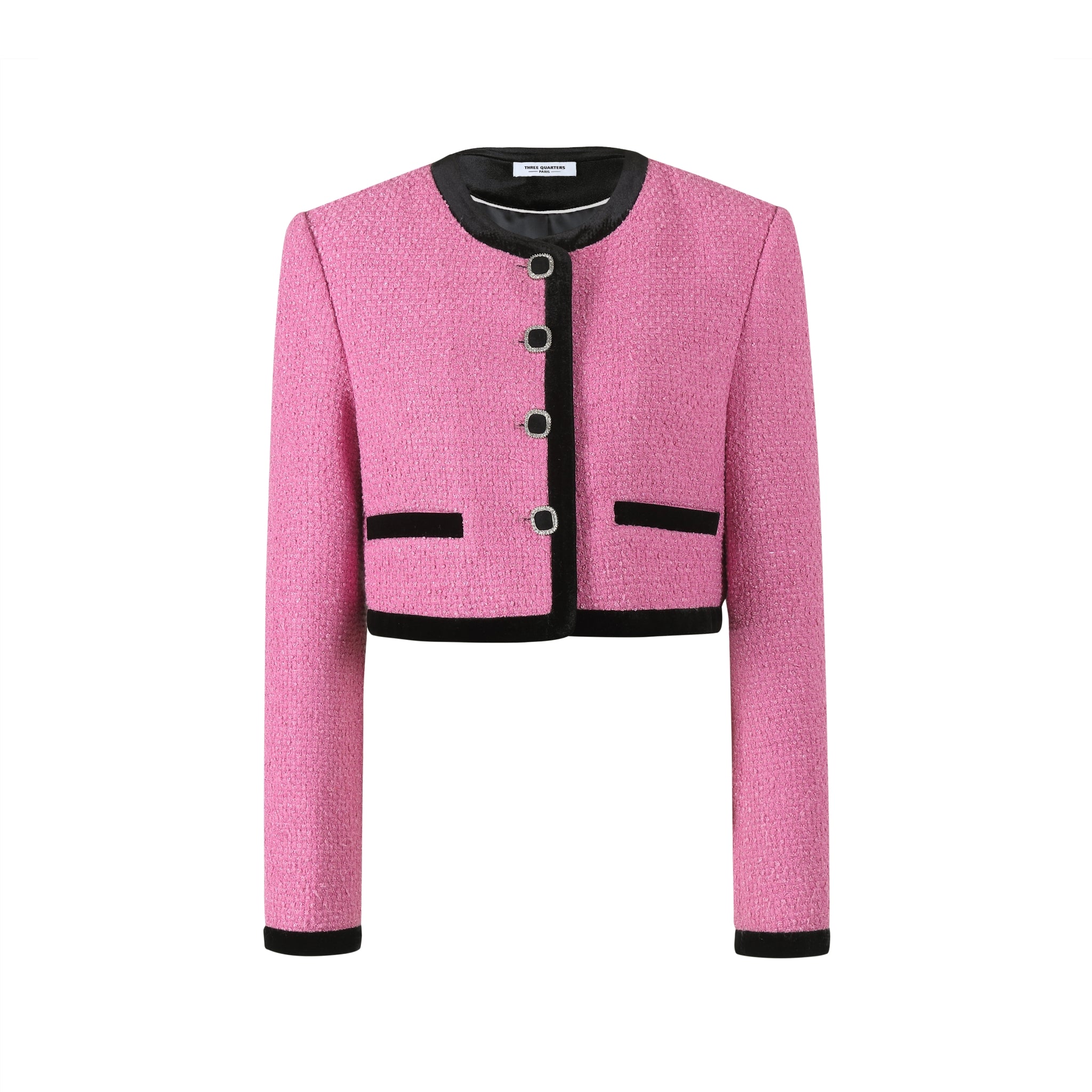 THREE QUARTERS Pink Wool Sequin Trimmed Jacket | MADA IN CHINA