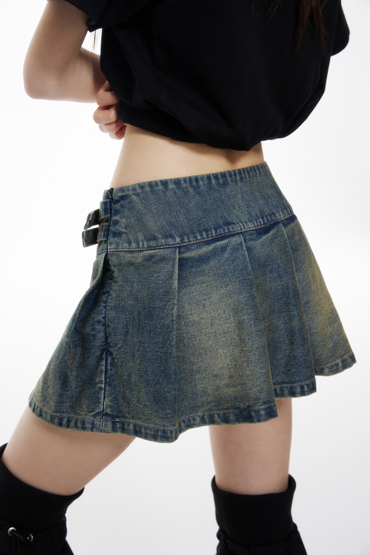 ANN ANDELMAN Pleated Denim Strap Skirt | MADA IN CHINA