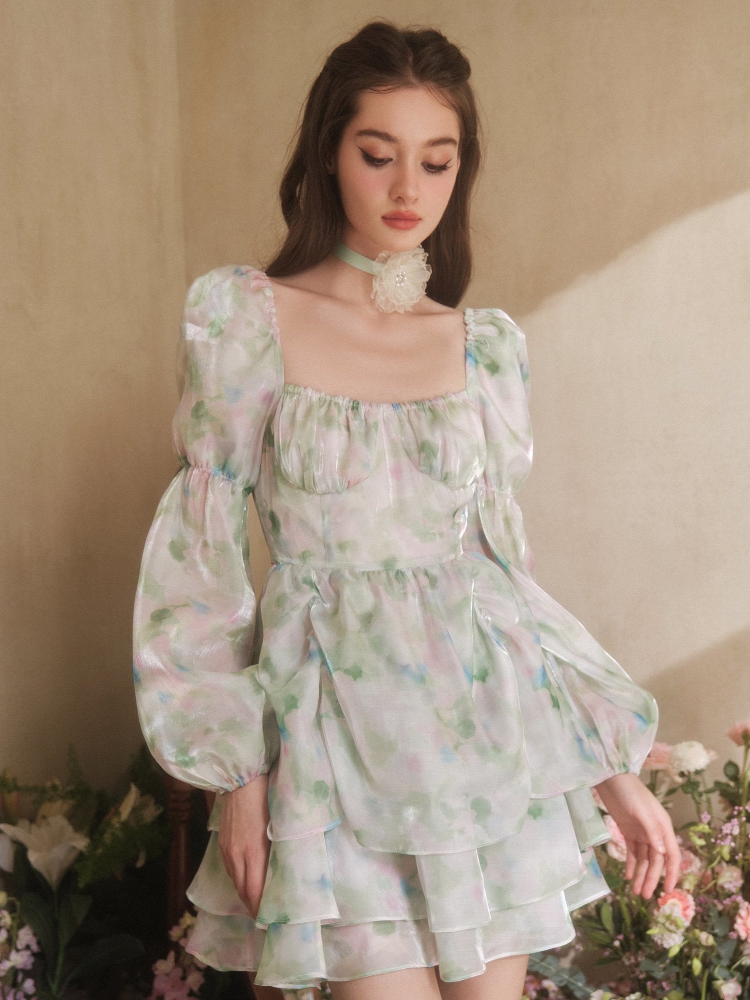 THREE QUARTERS Puff Sleeve Light Green Dress THREE QUARTERS Puff Sleeve Light Green Dress