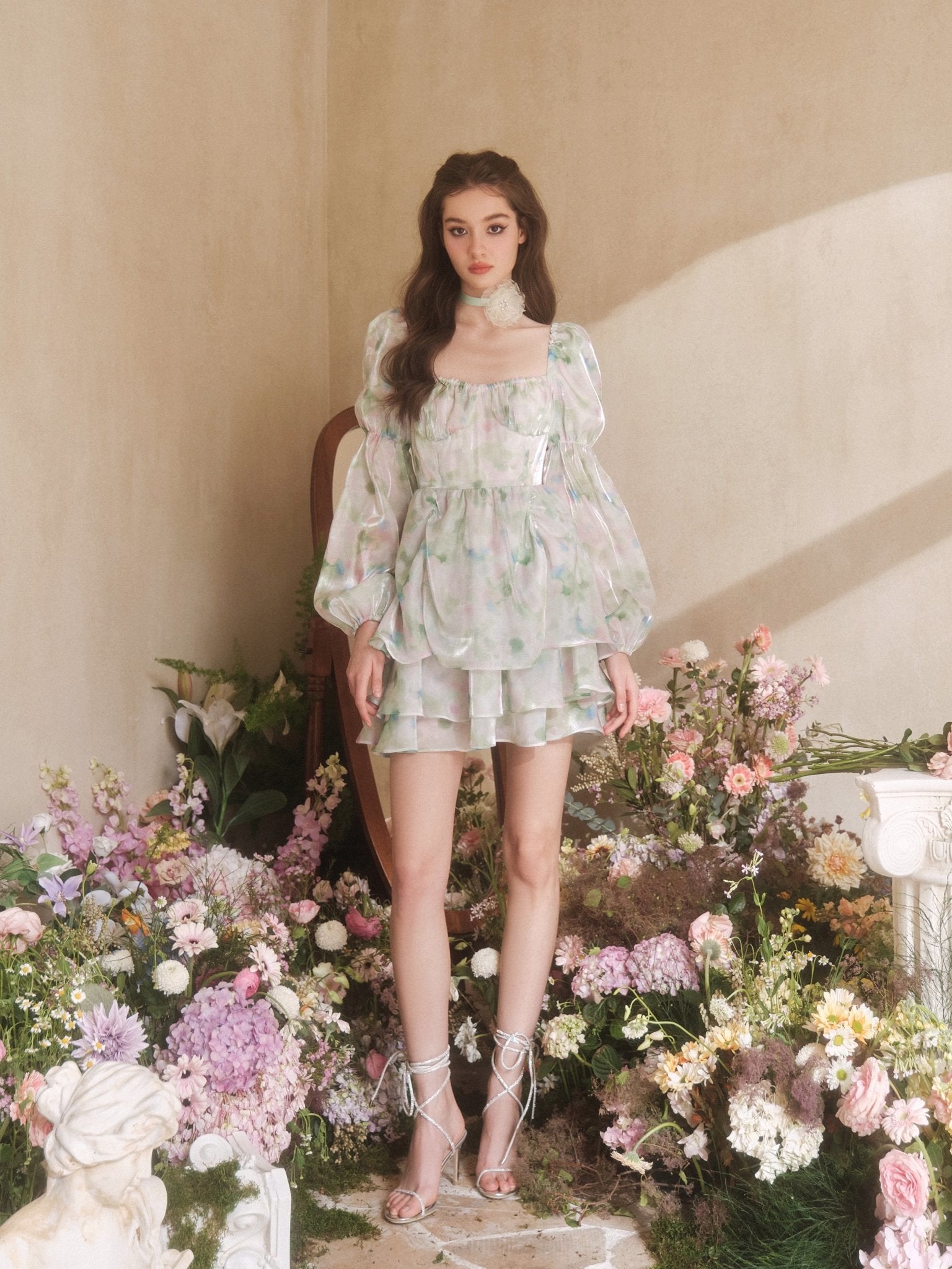 THREE QUARTERS Puff Sleeve Light Green Dress THREE QUARTERS Puff Sleeve Light Green Dress