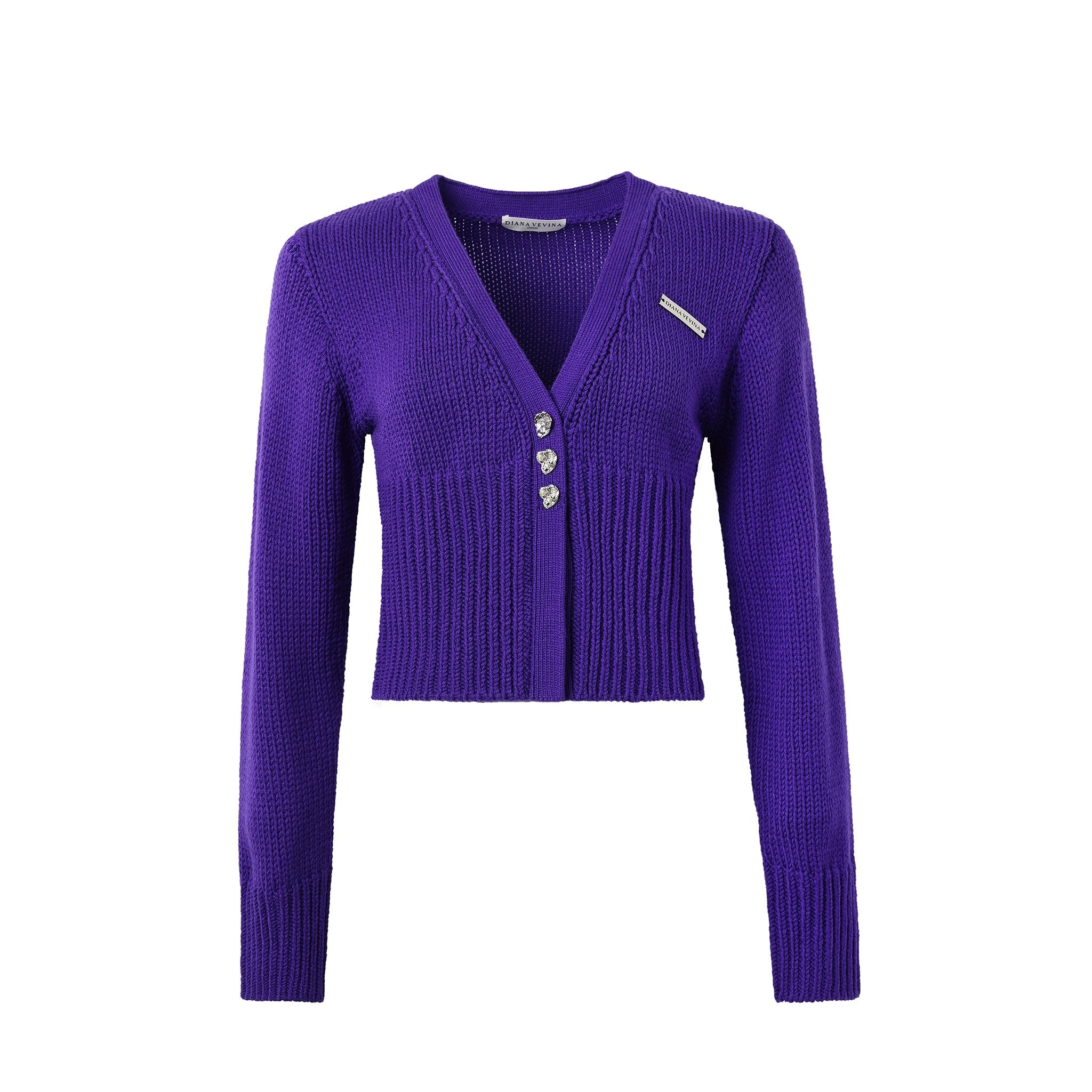 DIANA VEVINA Purple Rhinestone Heart Button Knit Cardigan | MADA IN CHINA