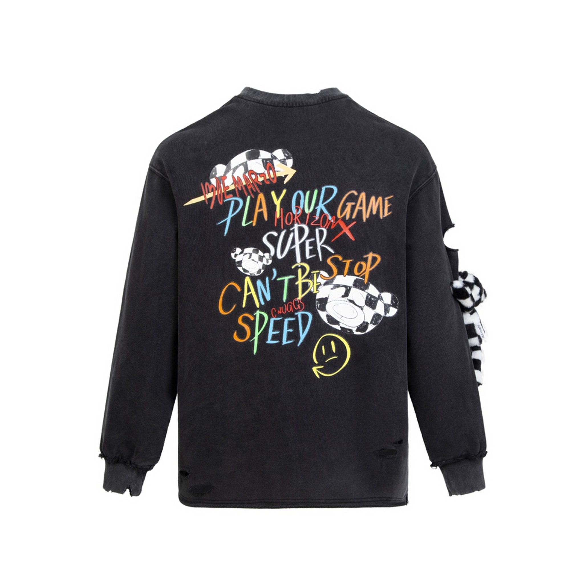 13DE MARZO Racing Graffiti Bear Washed Sweater Black | MADA IN CHINA