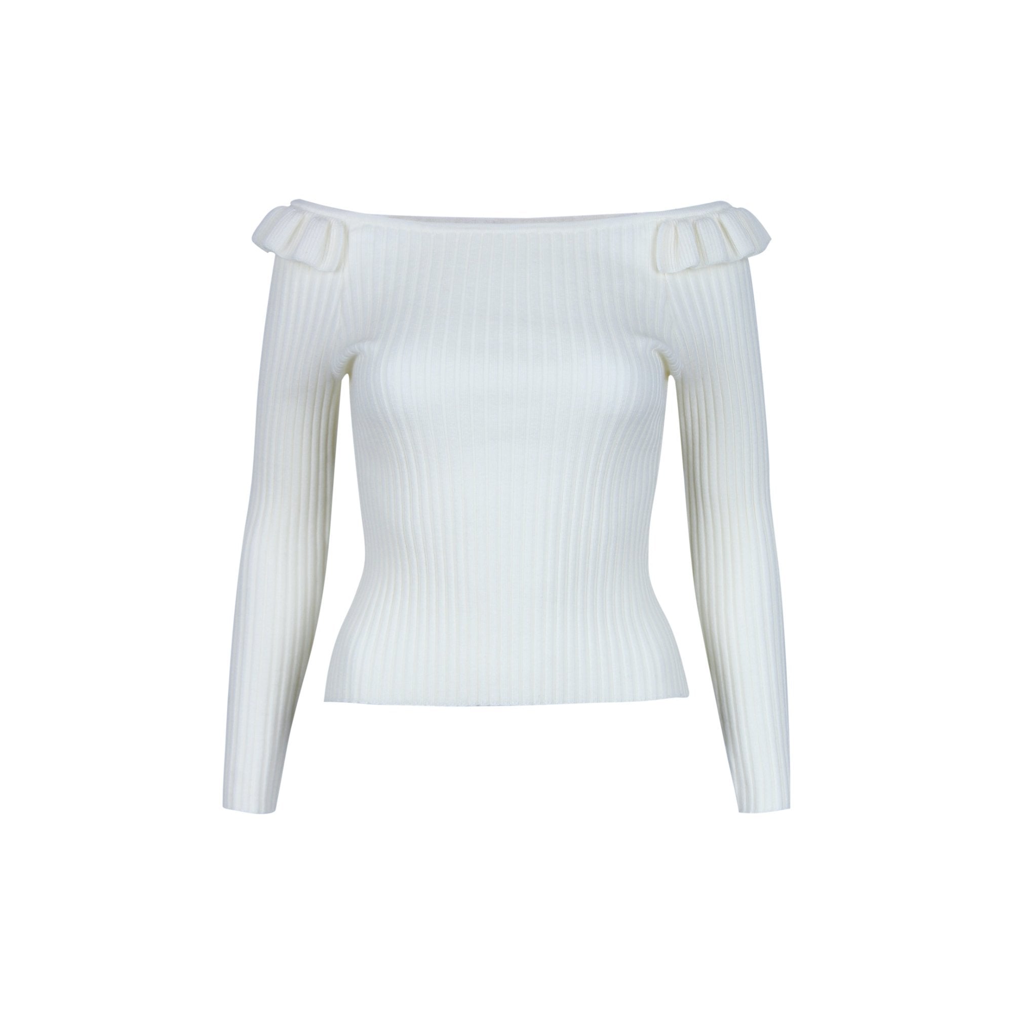 CALVIN LUO Ruffled Boat Neck Sweater White | MADA IN CHINA