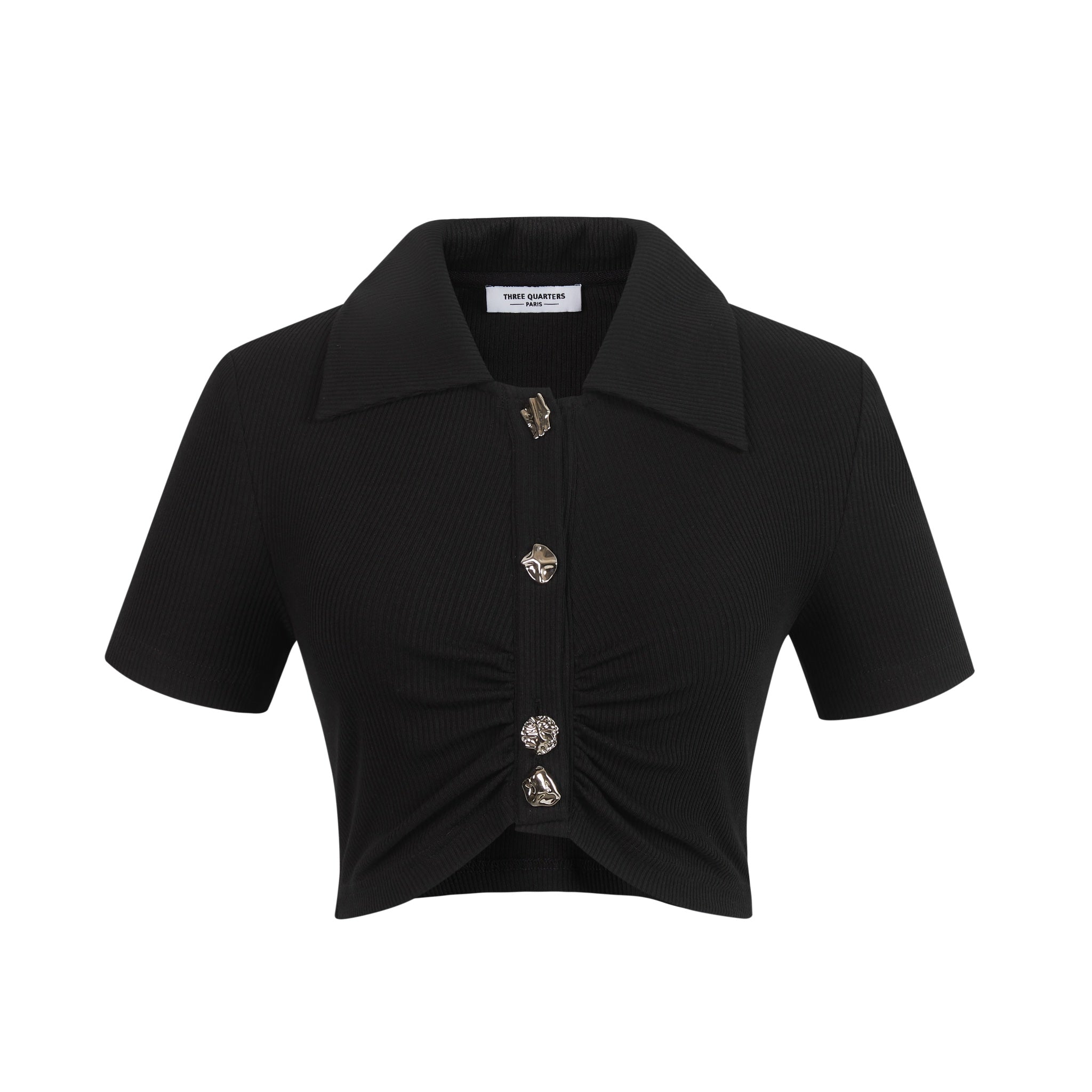 THREE QUARTERS Silver Button Black Top | MADA IN CHINA