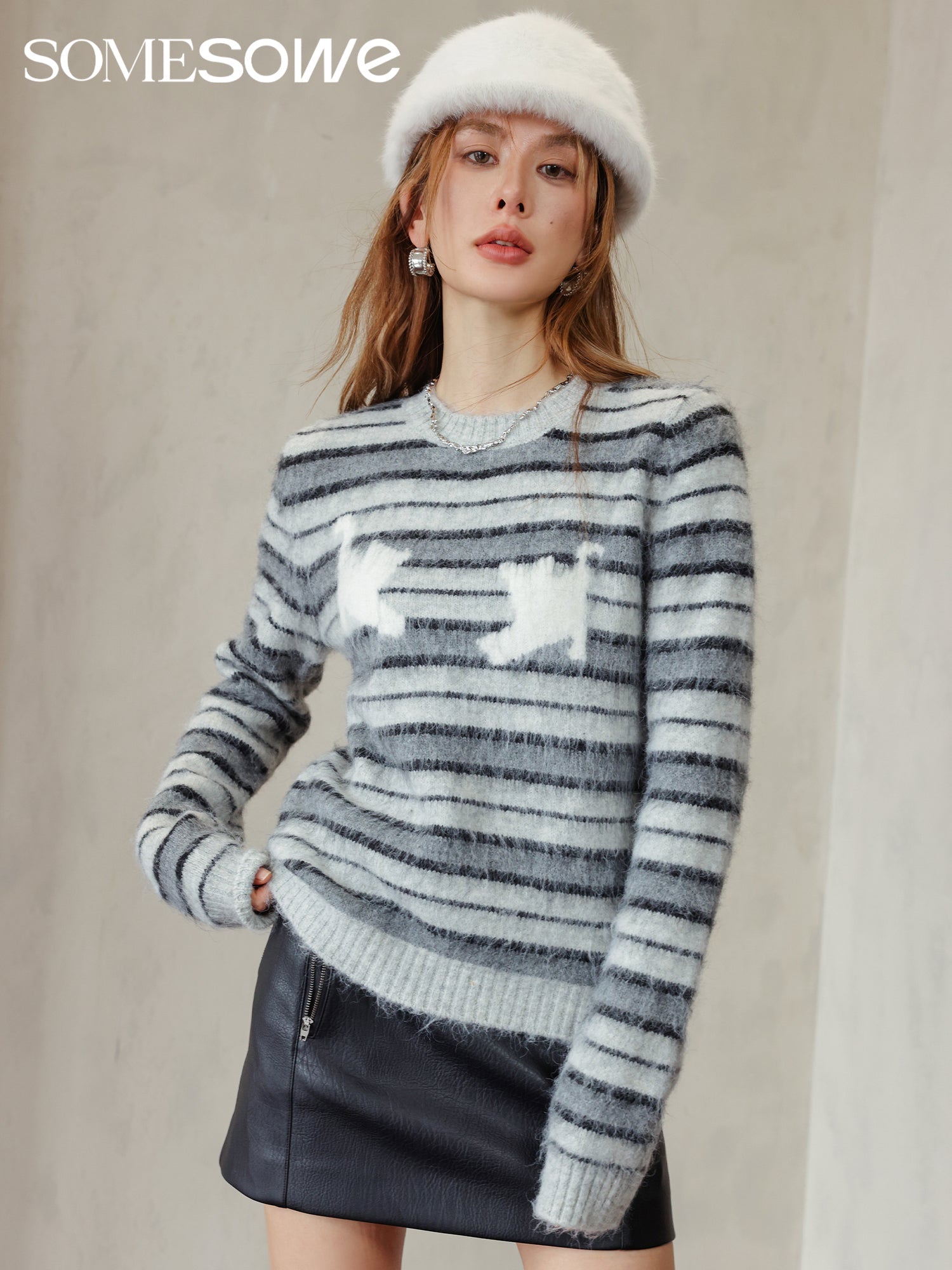 SOMESOWE Stripe Kitty Round Neck Sweater | MADA IN CHINA