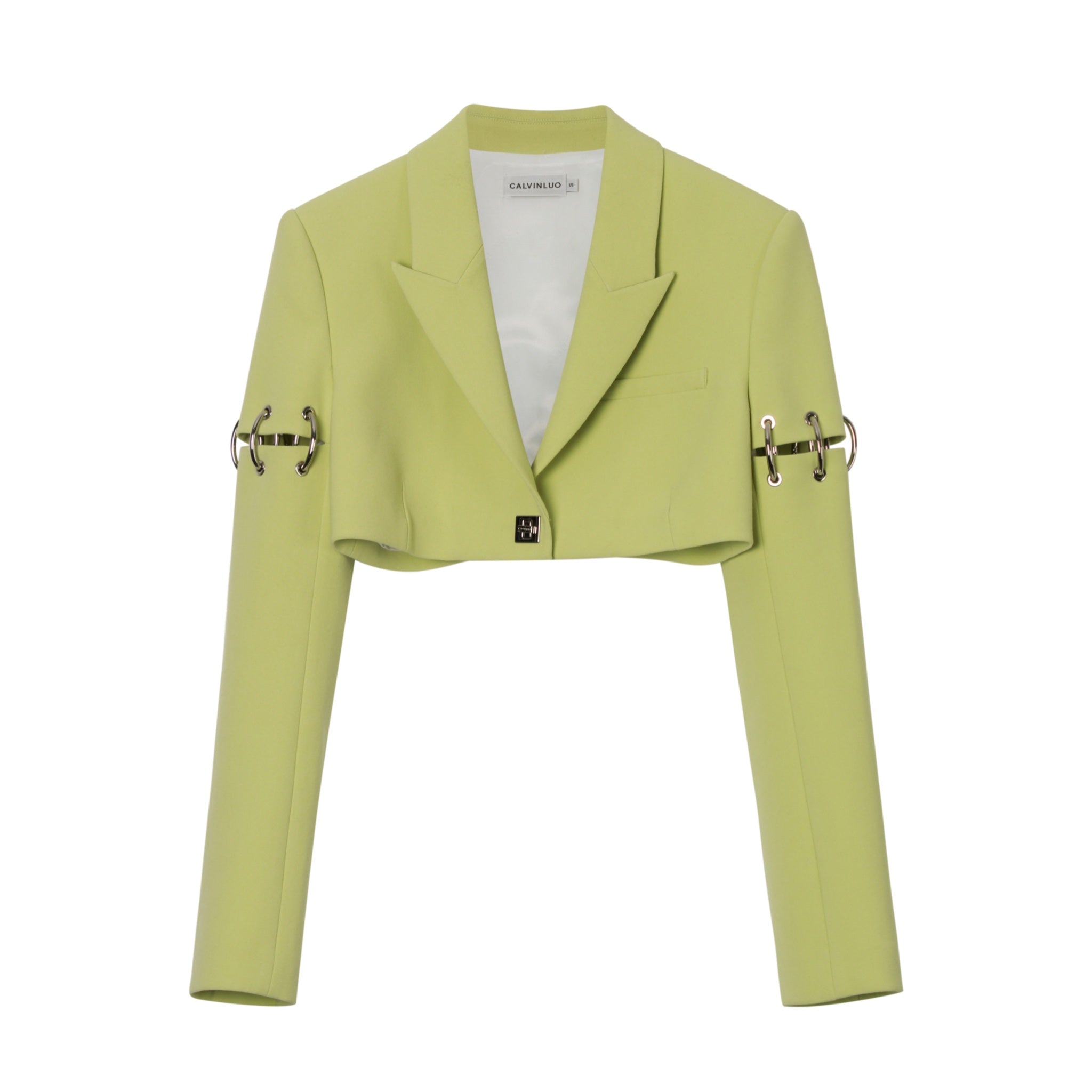 CALVIN LUO Tender Green Metallic Ring Split Line Short Suit | MADA IN CHINA