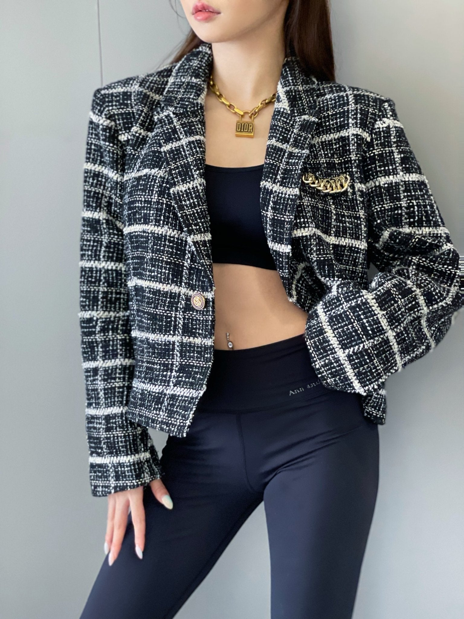 CHARLIE LUCIANO Tweed Cropped Blazer Jacket Black | MADA IN CHINA