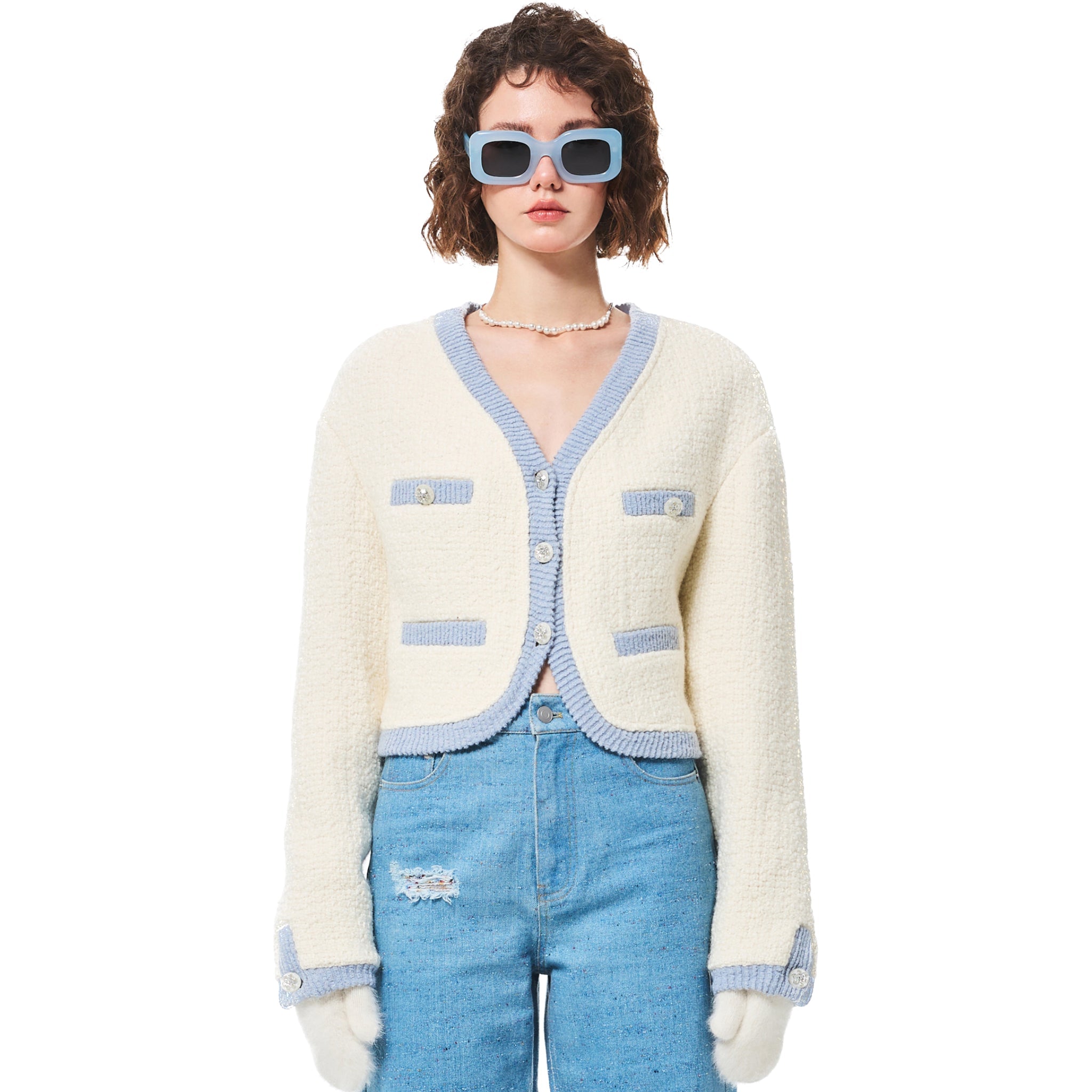 Alexia Sandra White And Blue Wool Cardigan Jacket | MADA IN CHINA