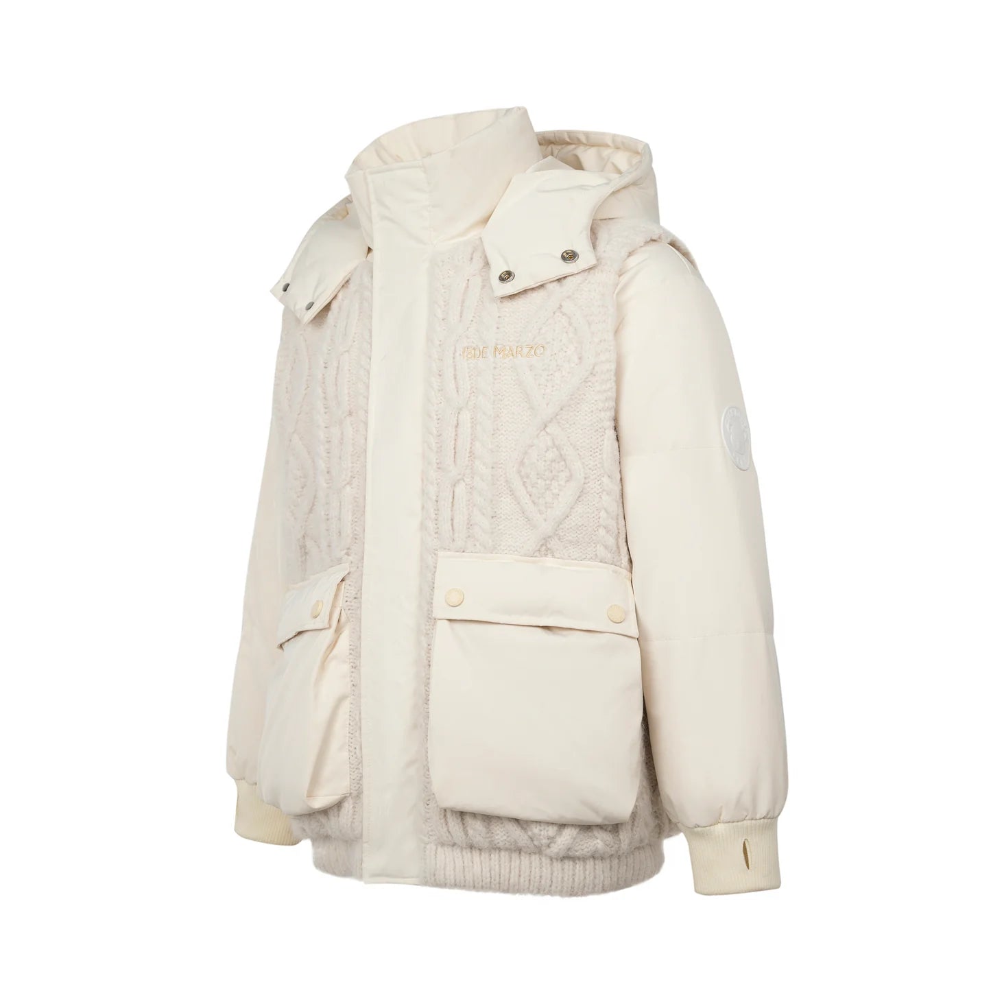 13DE MARZO White Bear Weave Knit Patch Down Jacket | MADA IN CHINA