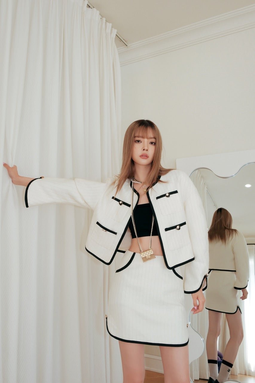 DIANA VEVINA White Black Trim Pocket Cotton Jacket | MADA IN CHINA