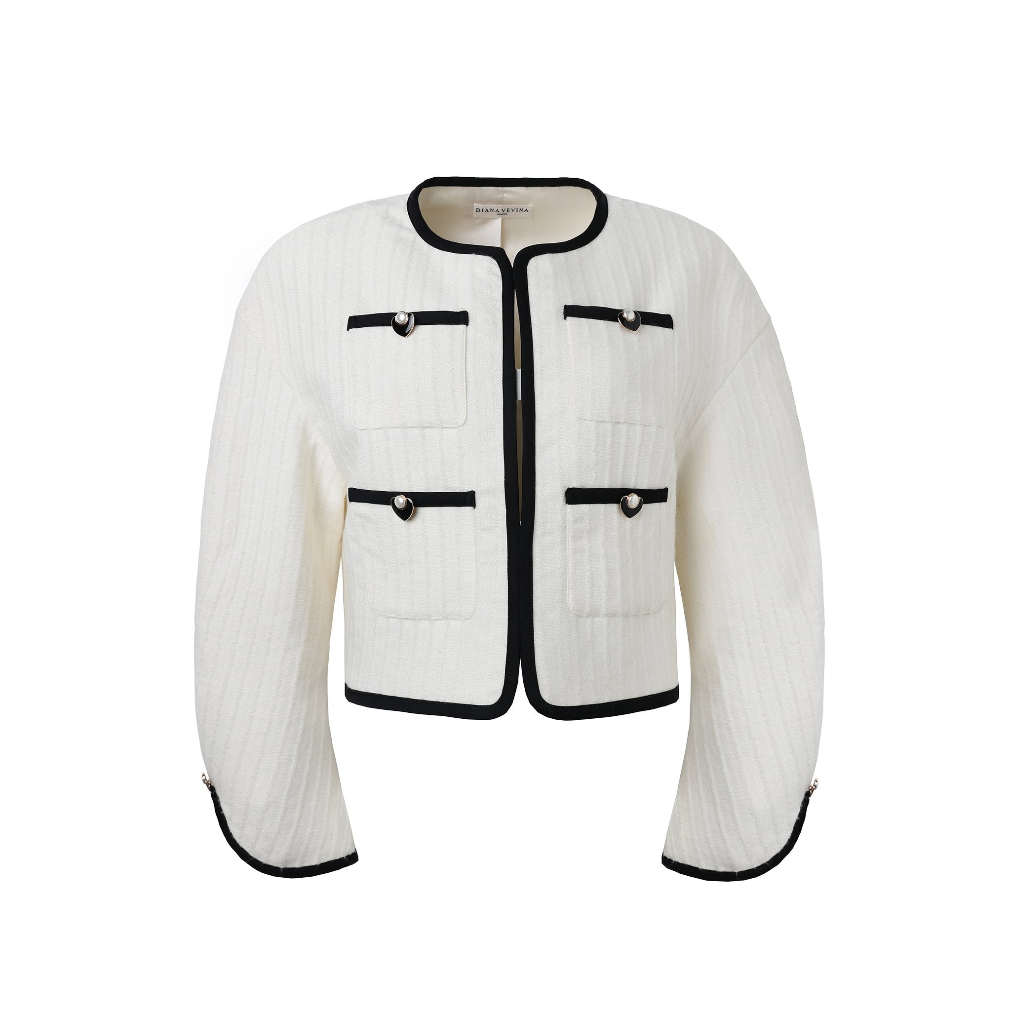 DIANA VEVINA White Black Trim Pocket Cotton Jacket | MADA IN CHINA