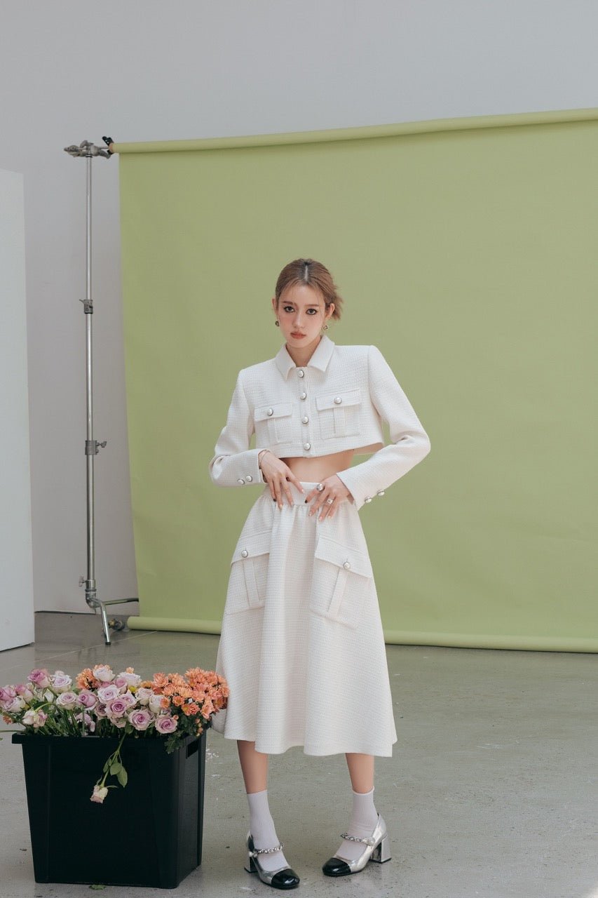 DIANA VEVINA White Check Pearl Button Skirt | MADA IN CHINA