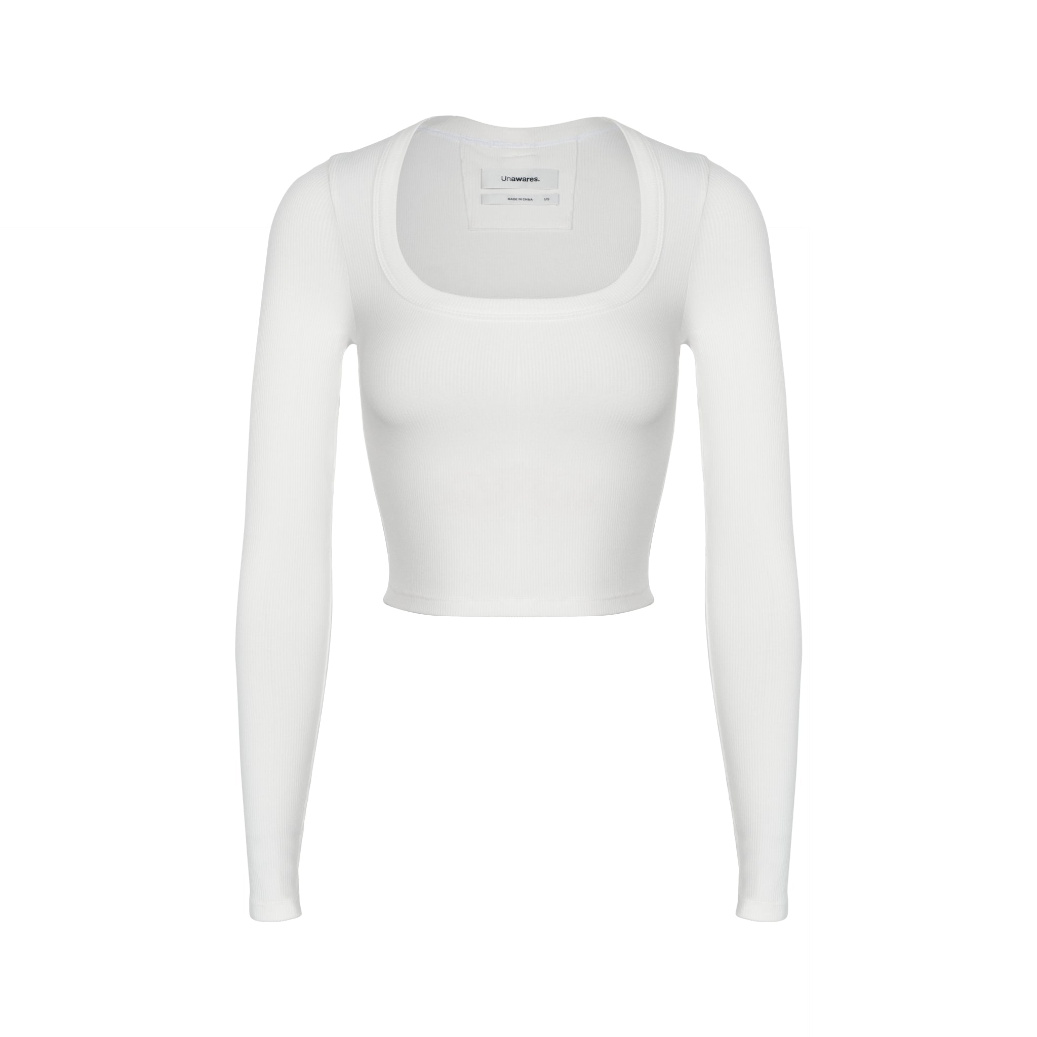 UNAWARES White Customized Inverted Triangle Buckle Square Collar Ribbed Long Sleeve T-Shirt | MADA IN CHINA