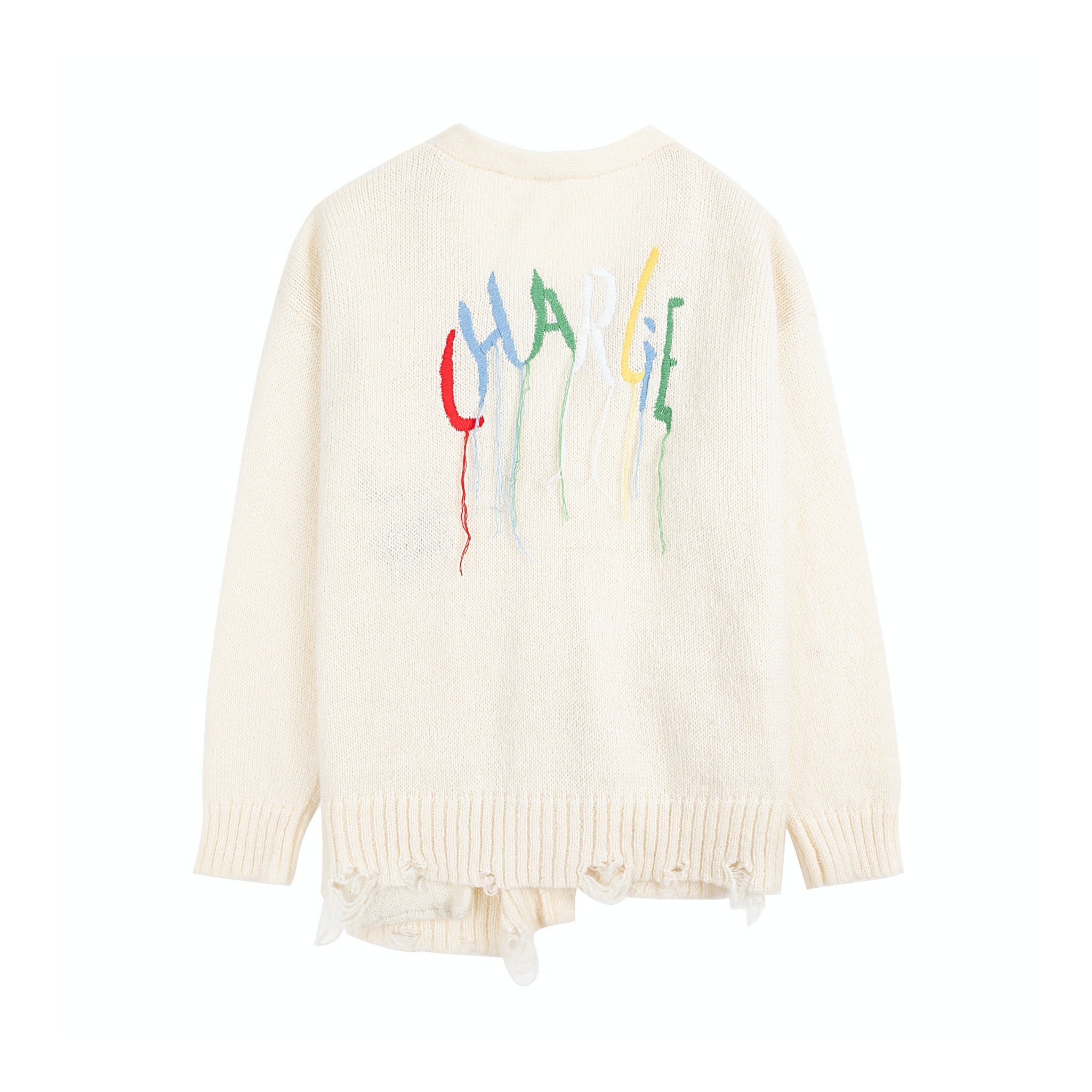 CHARLIE LUCIANO White Destroyed Fringe Logo Print Cardigan | MADA IN CHINA