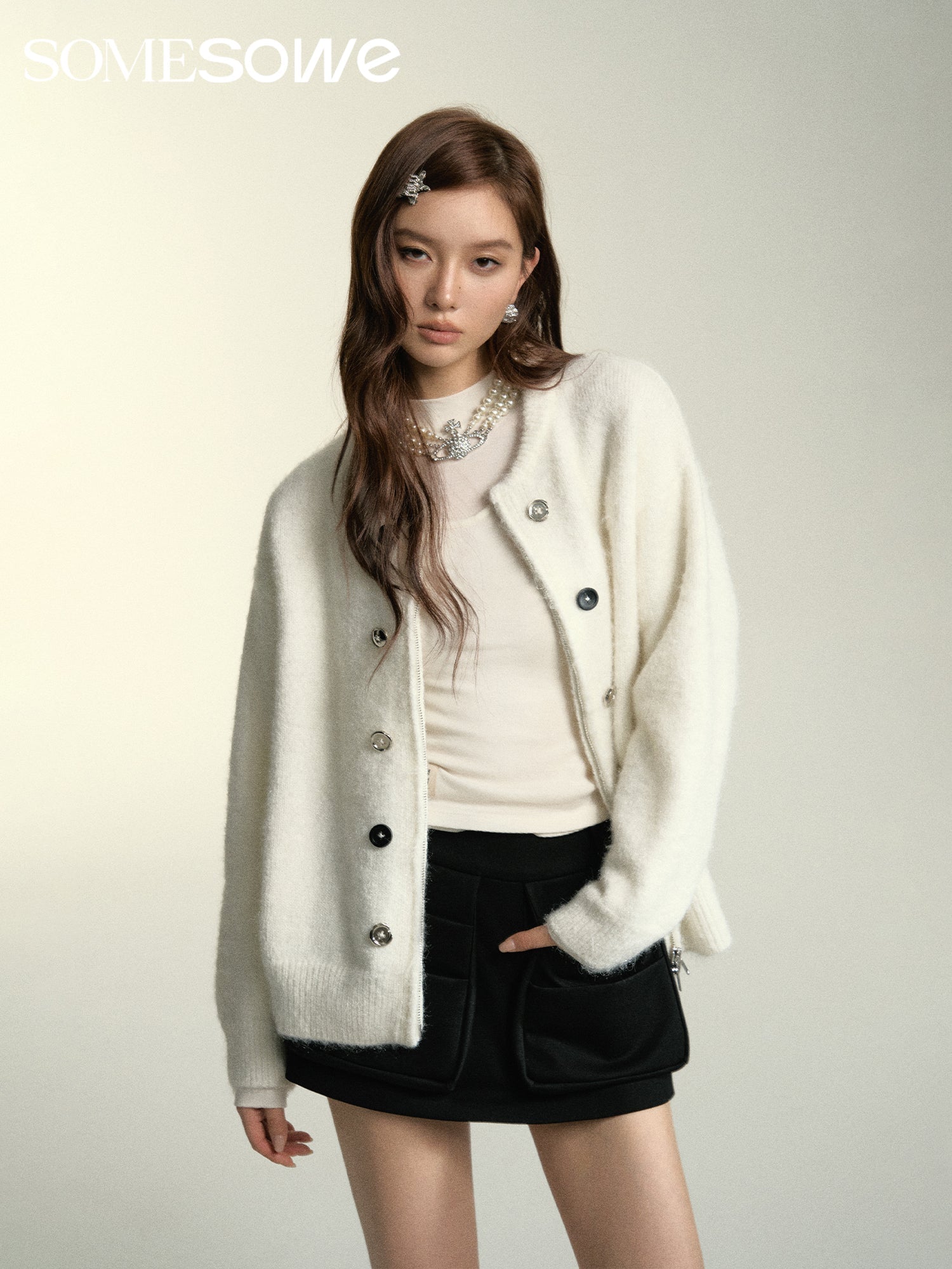 SOMESOWE White Double Breasted Cardigan | MADA IN CHINA