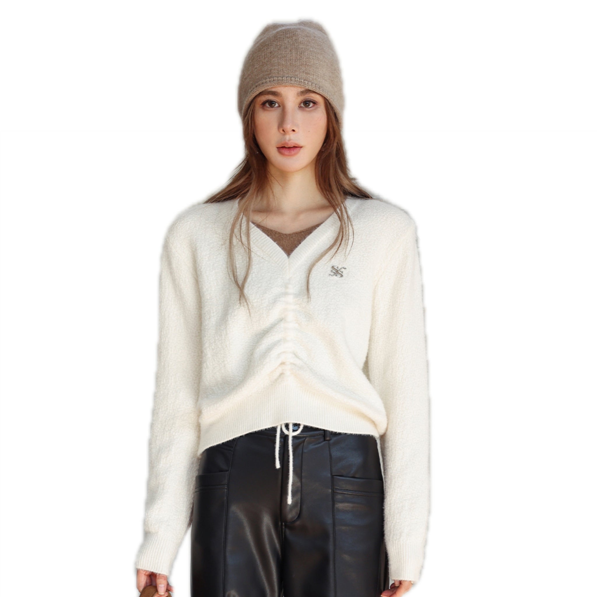 SOMESOWE White Drawstring Knit Top | MADA IN CHINA