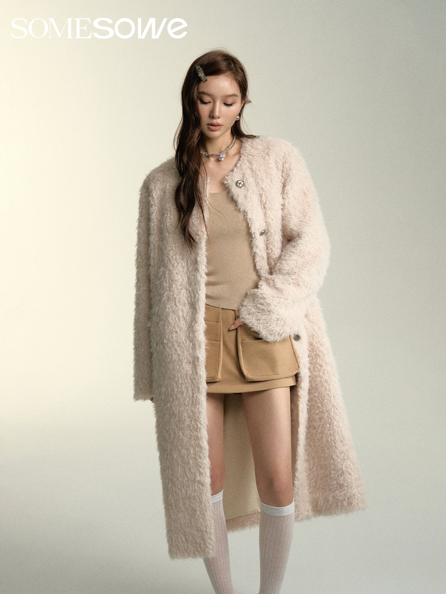 SOMESOWE White Faux Fur Long Coat | MADA IN CHINA