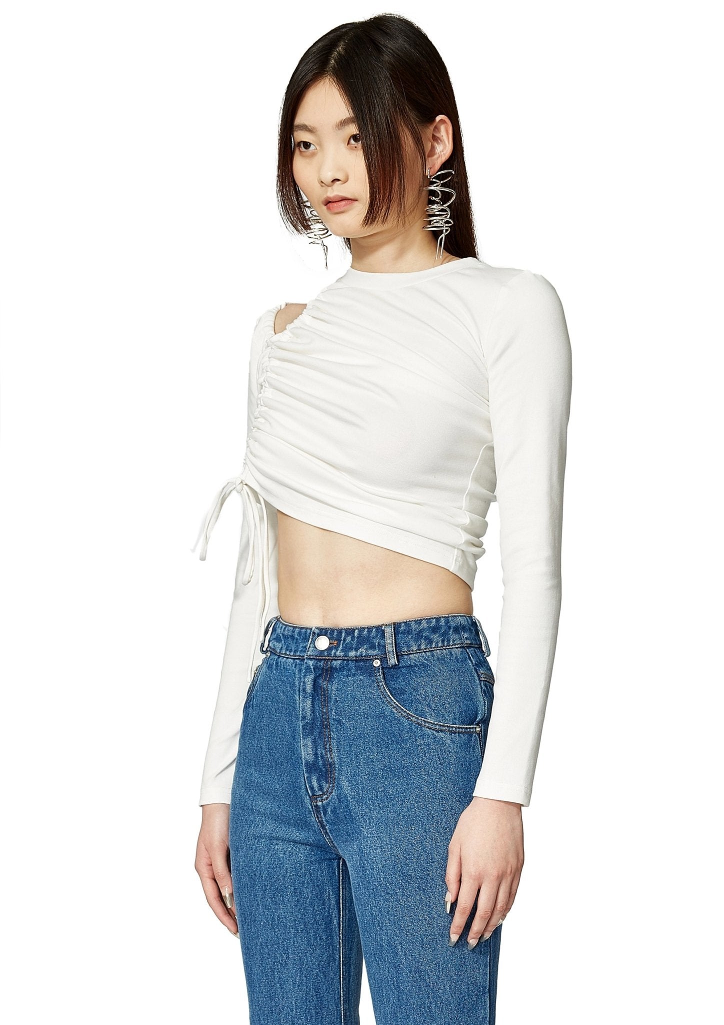 MARRKNULL White Gathered Cut-Out Long Sleeve Tee | MADA IN CHINA