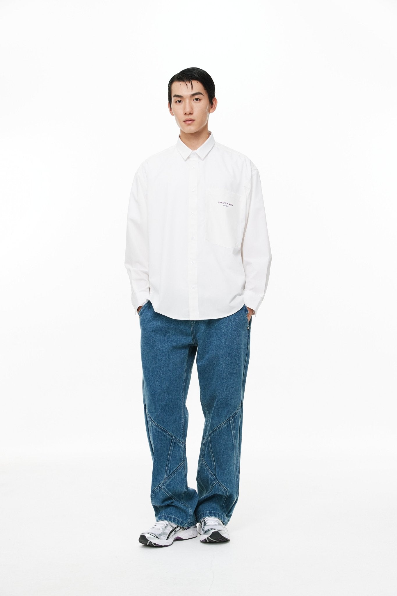 UNAWARES White Irregular Pocket Gradient Brush Embroidered Shirt | MADA IN CHINA