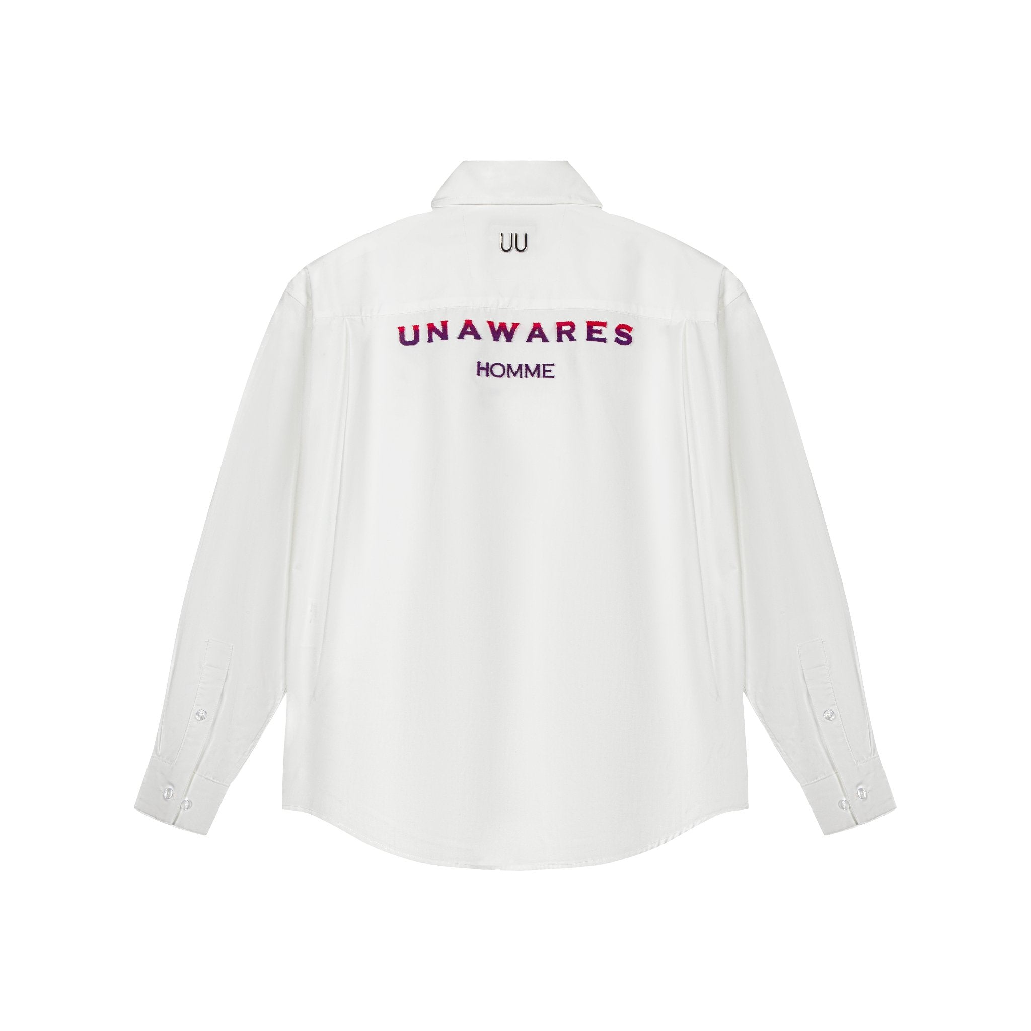 UNAWARES White Irregular Pocket Gradient Brush Embroidered Shirt | MADA IN CHINA