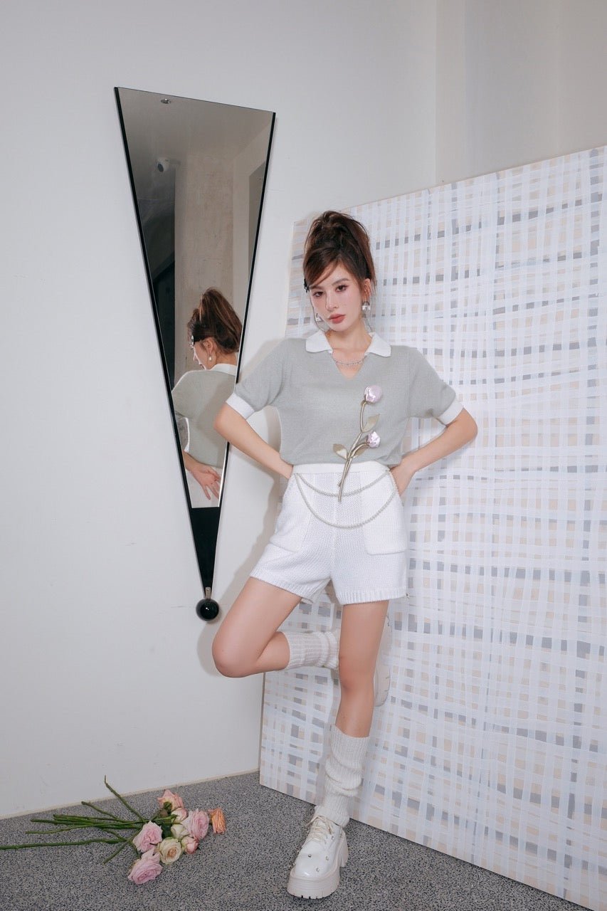 DIANA VEVINA White Knit Pocket Shorts | MADA IN CHINA