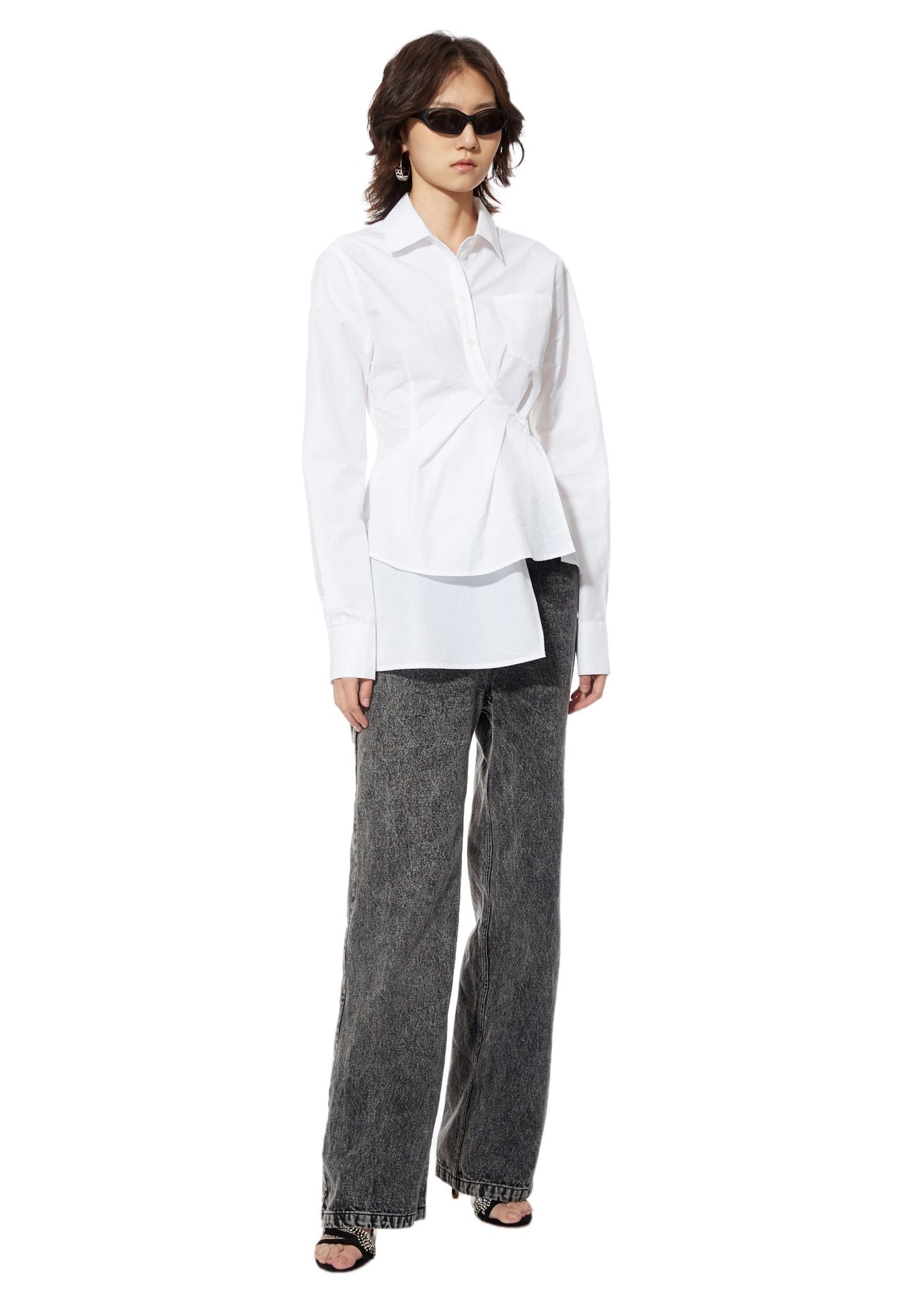 MARRKNULL White Misplaced Pleated Shirt | MADA IN CHINA