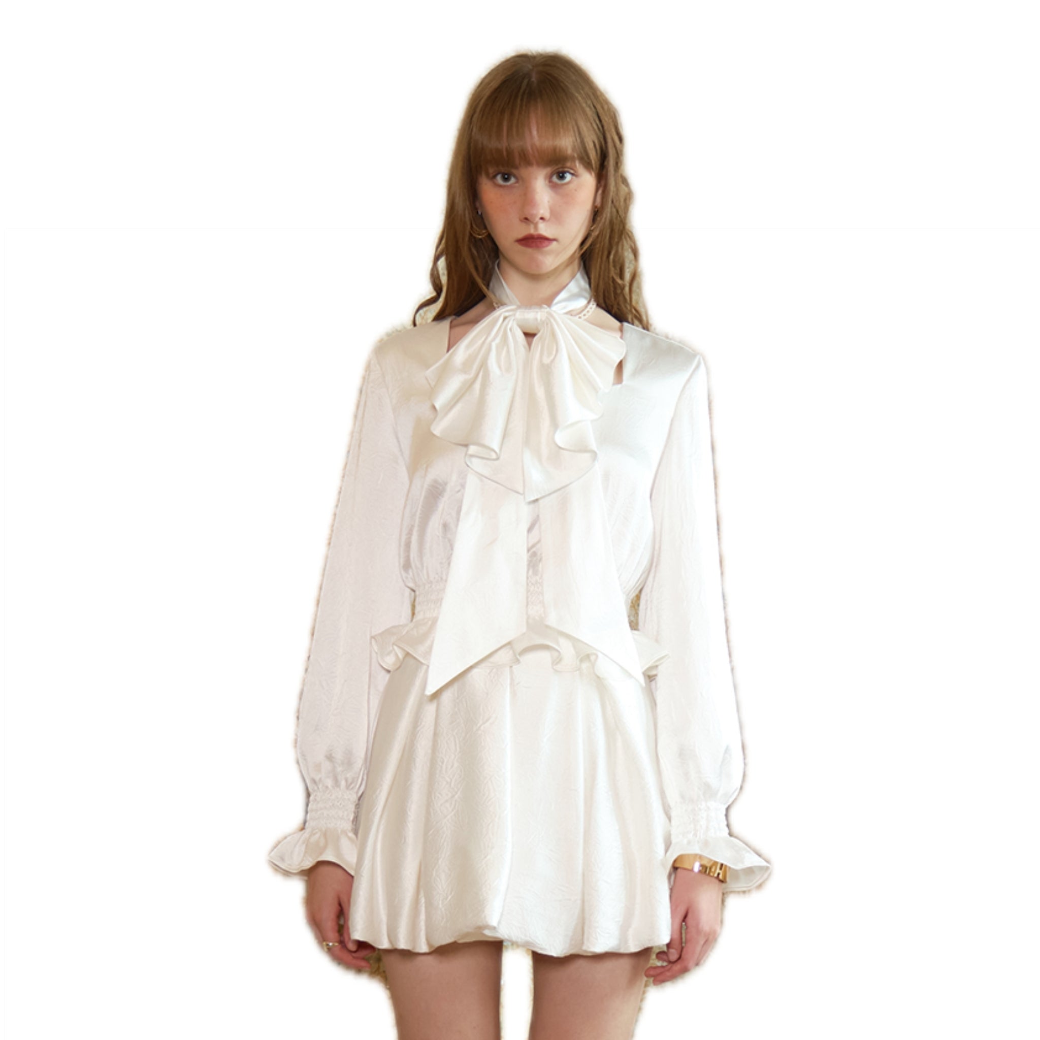 ARTE PURA White Pleated Acetate Bow Blouse | MADA IN CHINA