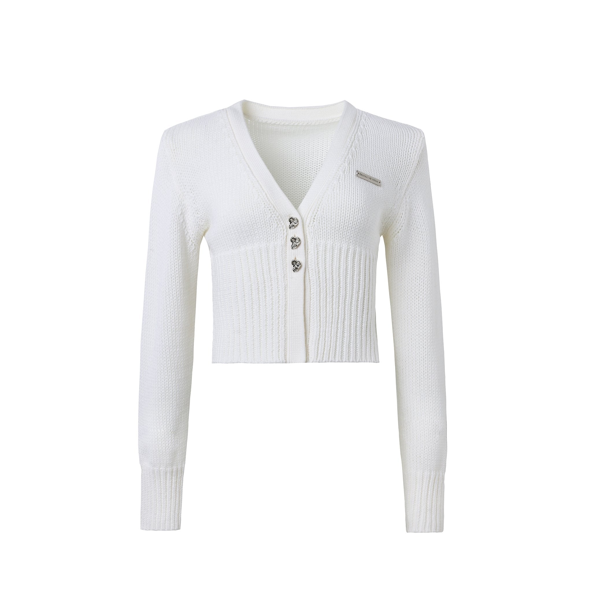 DIANA VEVINA White Rhinestone Heart Button Knit Cardigan | MADA IN CHINA