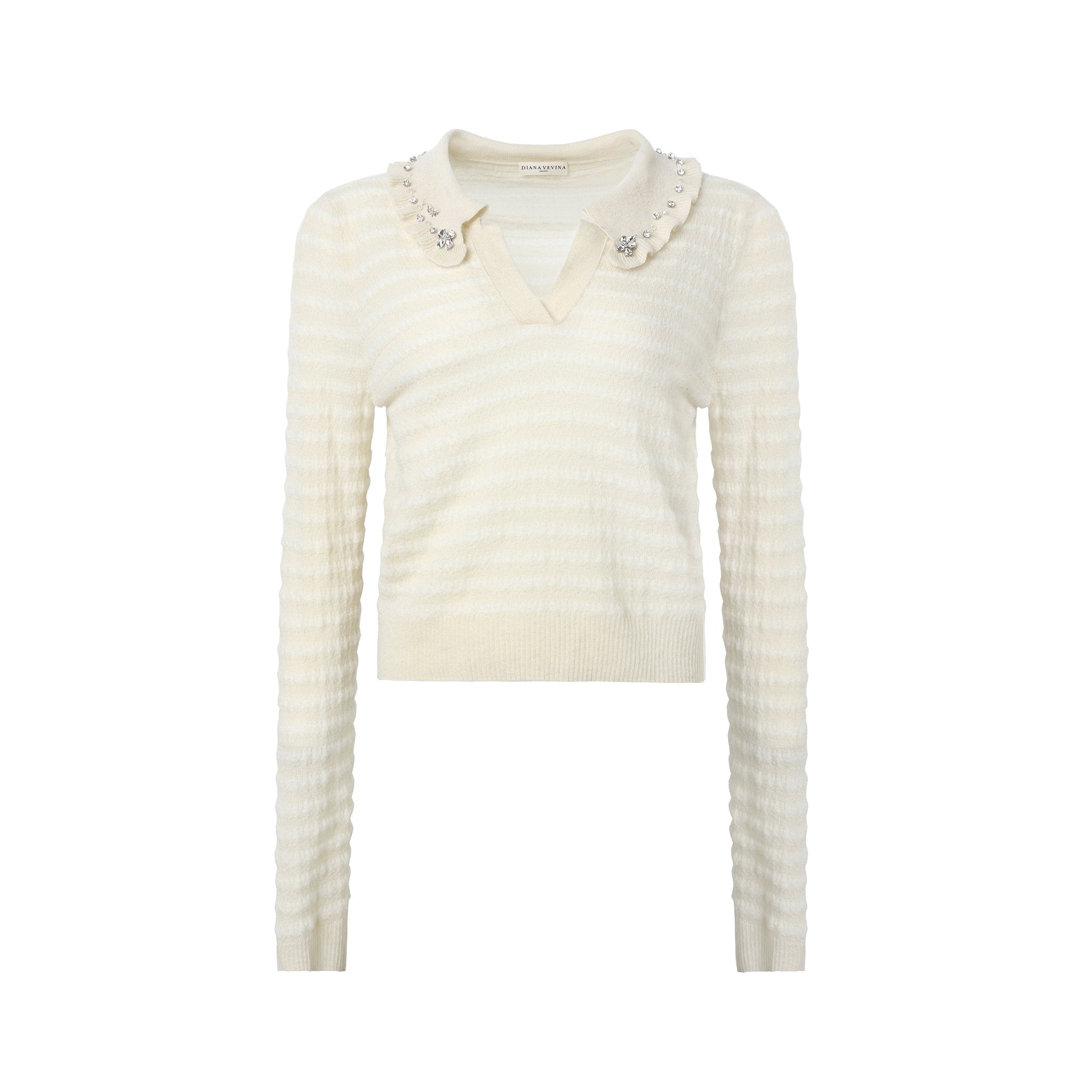 DIANA VEVINA White Rhinestone Pleated Striped V-Neck Top | MADA IN CHINA