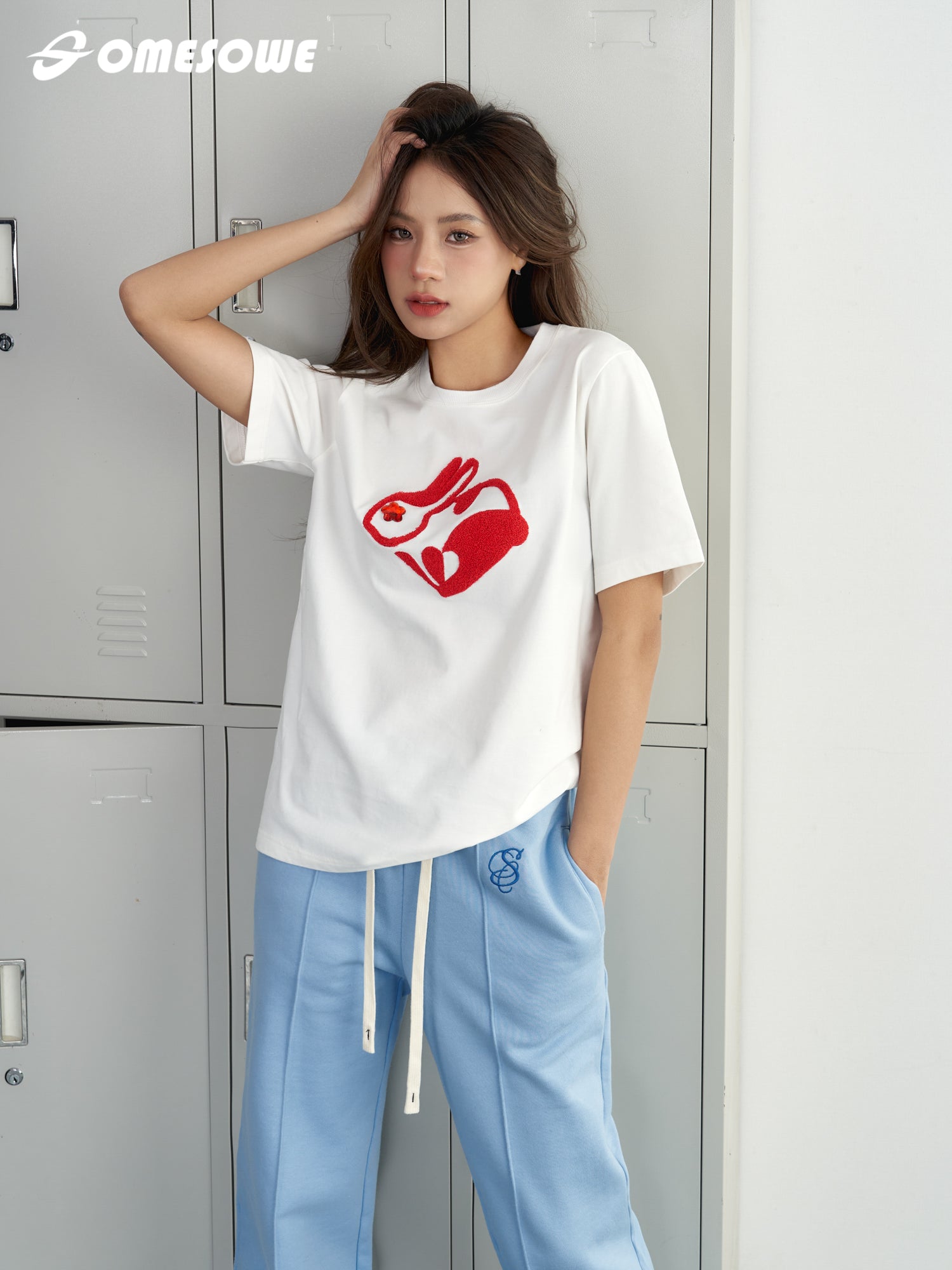 SOMESOWE White T-Shirt With Red Rabbit Embroidery | MADA IN CHINA