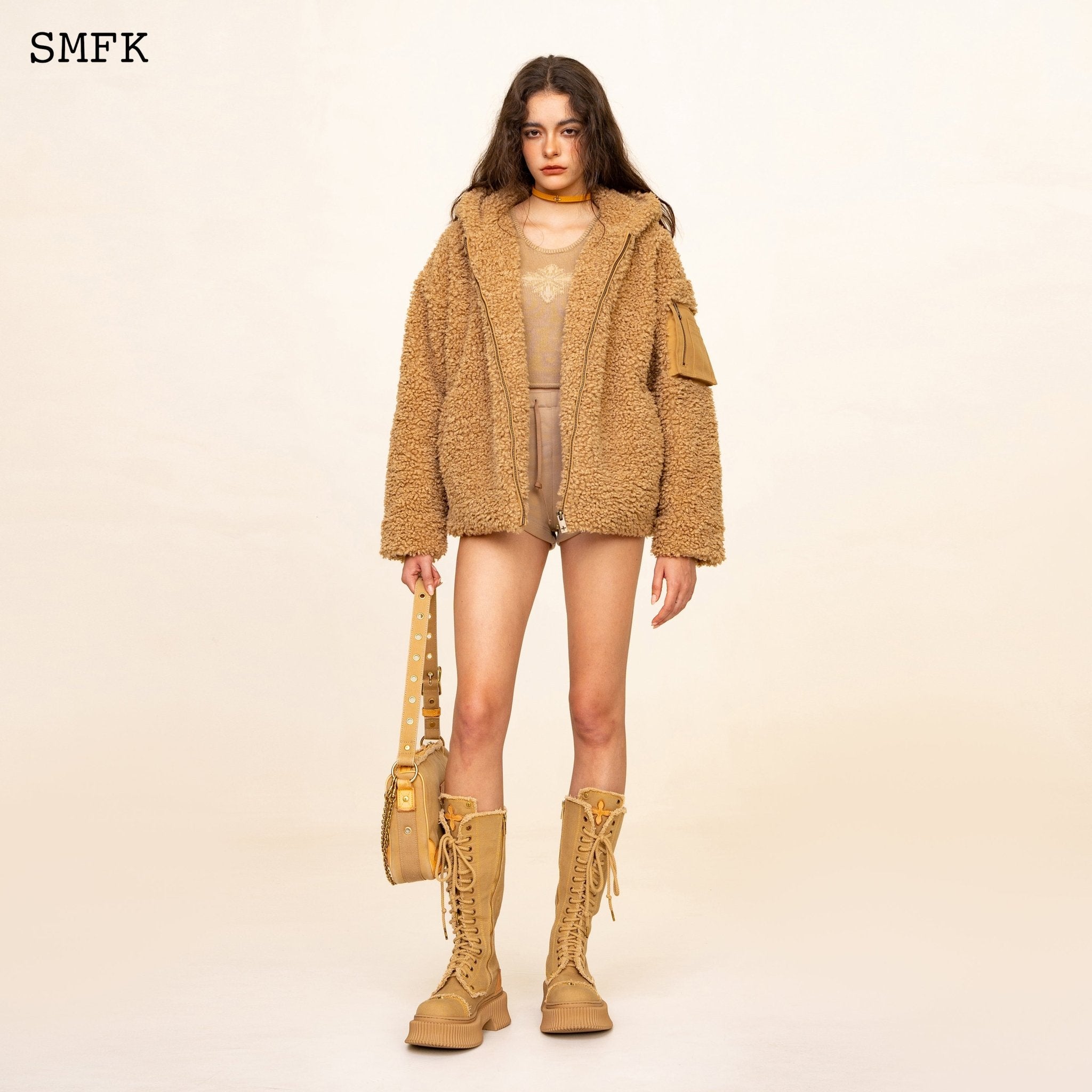 SMFK WildWorld Adventure Outdoor Faux Fur Hoodie In Wheat | MADA IN CHINA