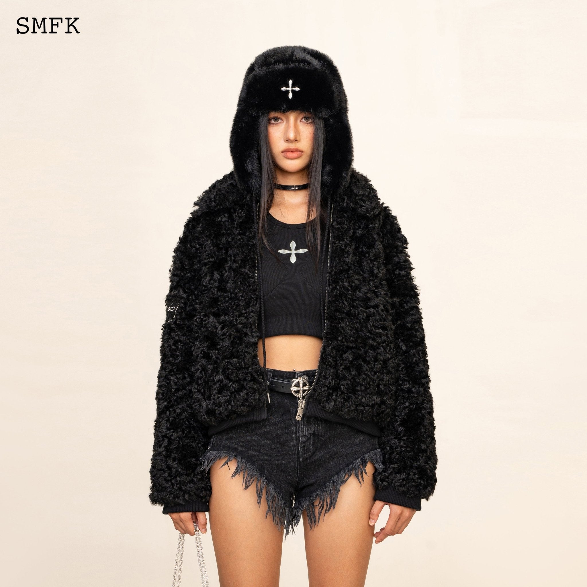 WildWorld Adventure Short Faux Fur Jacket In Black | MADAX