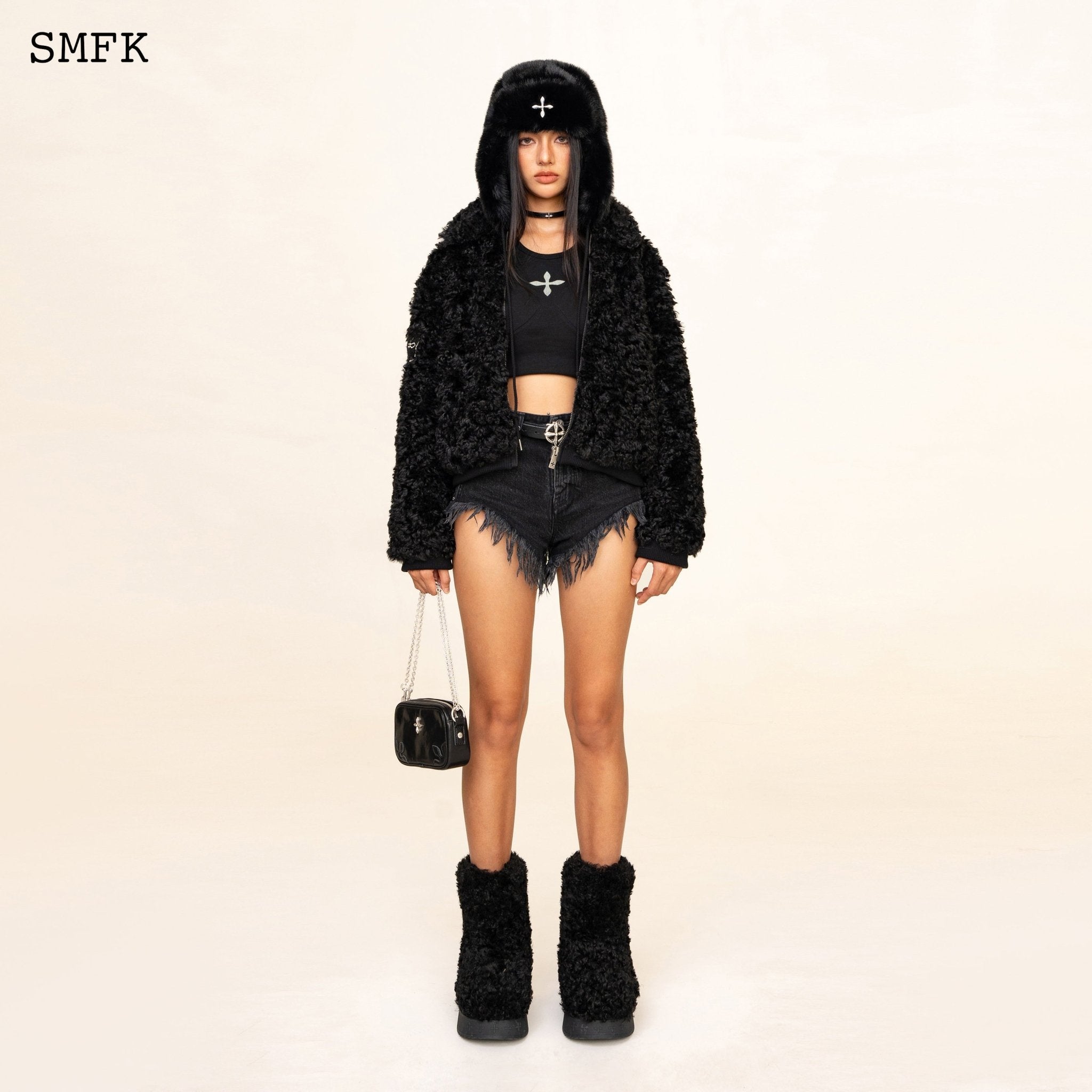 WildWorld Adventure Short Faux Fur Jacket In Black | MADAX