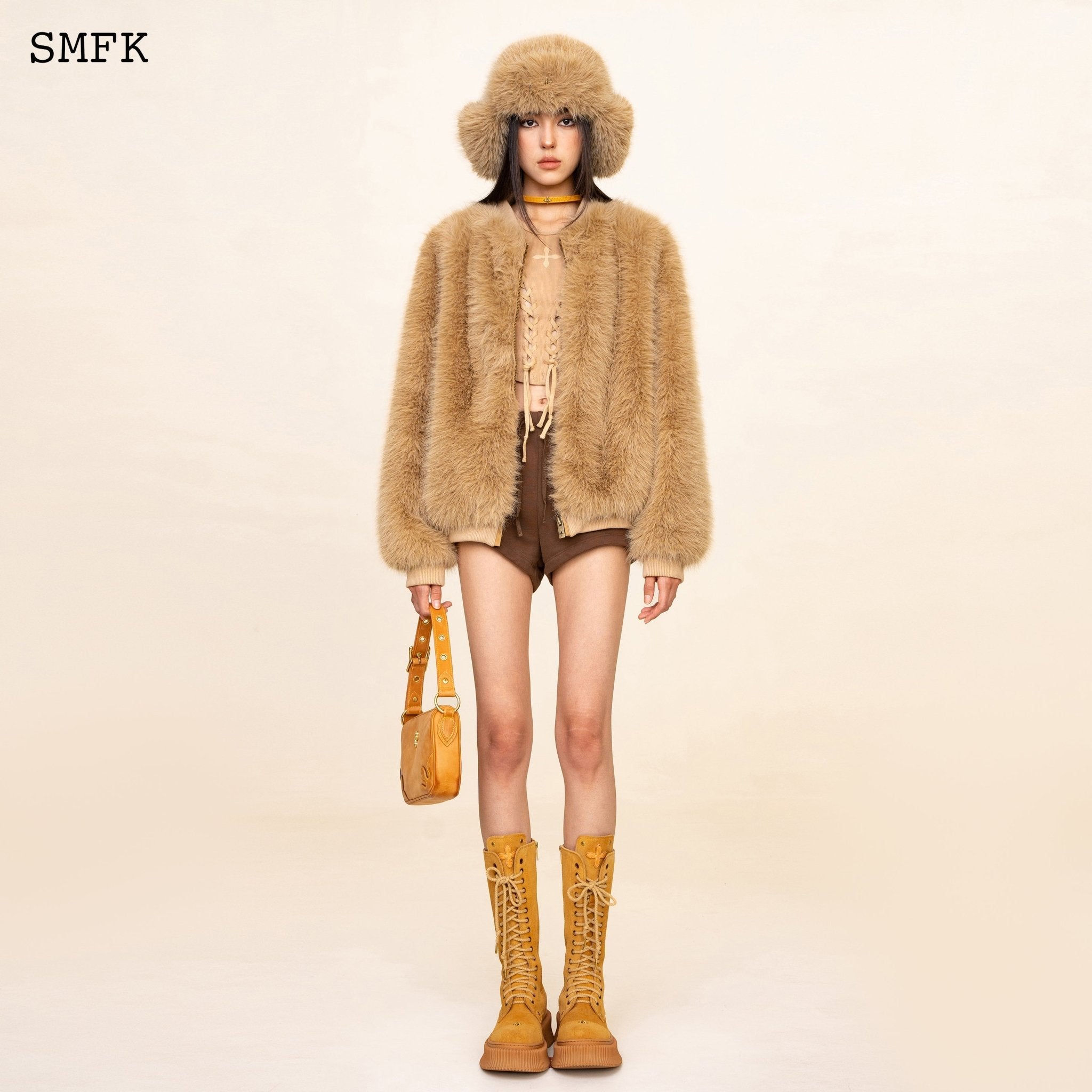 SMFK WildWorld Baseball Faux Fur Jacket In Wheat | MADA IN CHINA