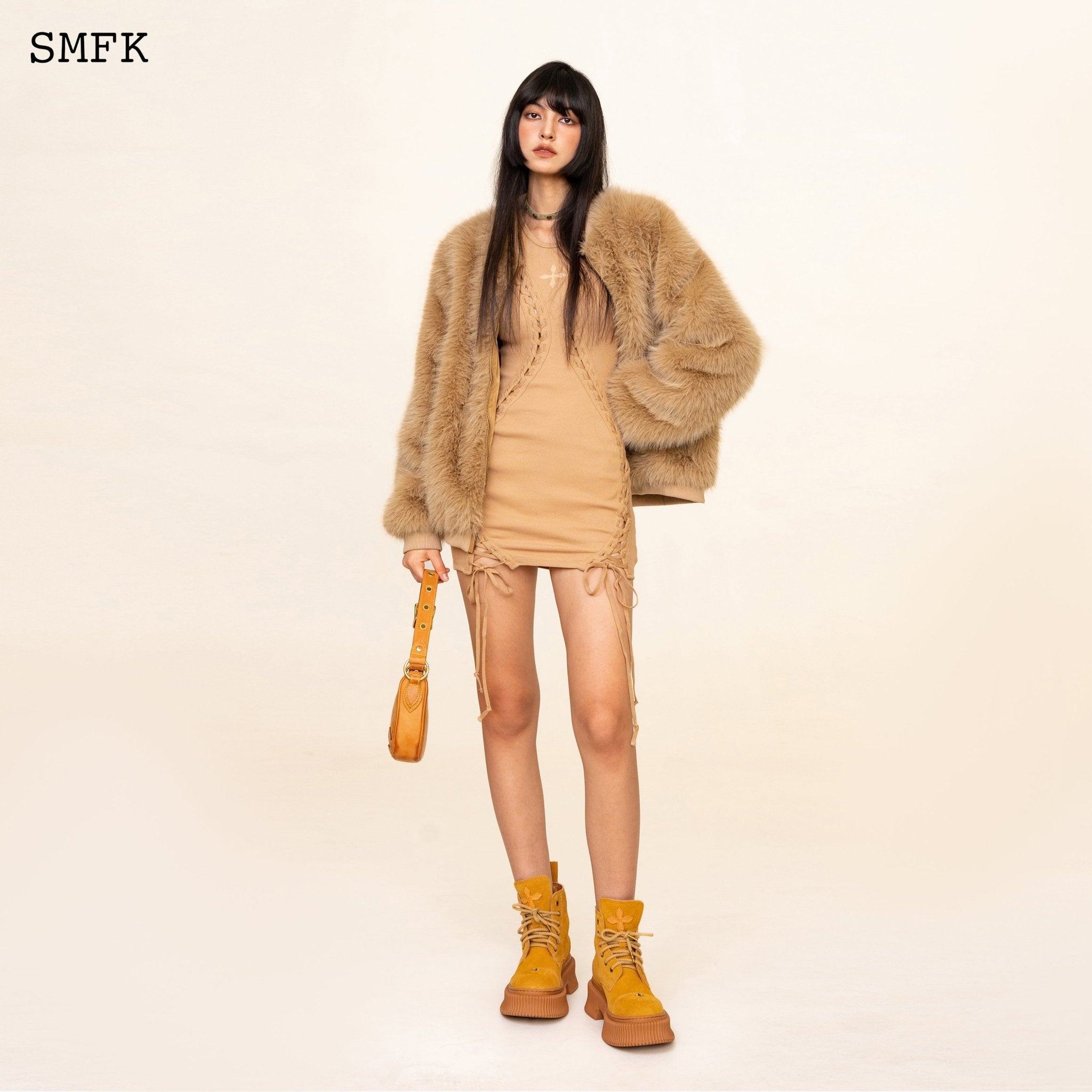 SMFK WildWorld Baseball Faux Fur Jacket In Wheat | MADA IN CHINA