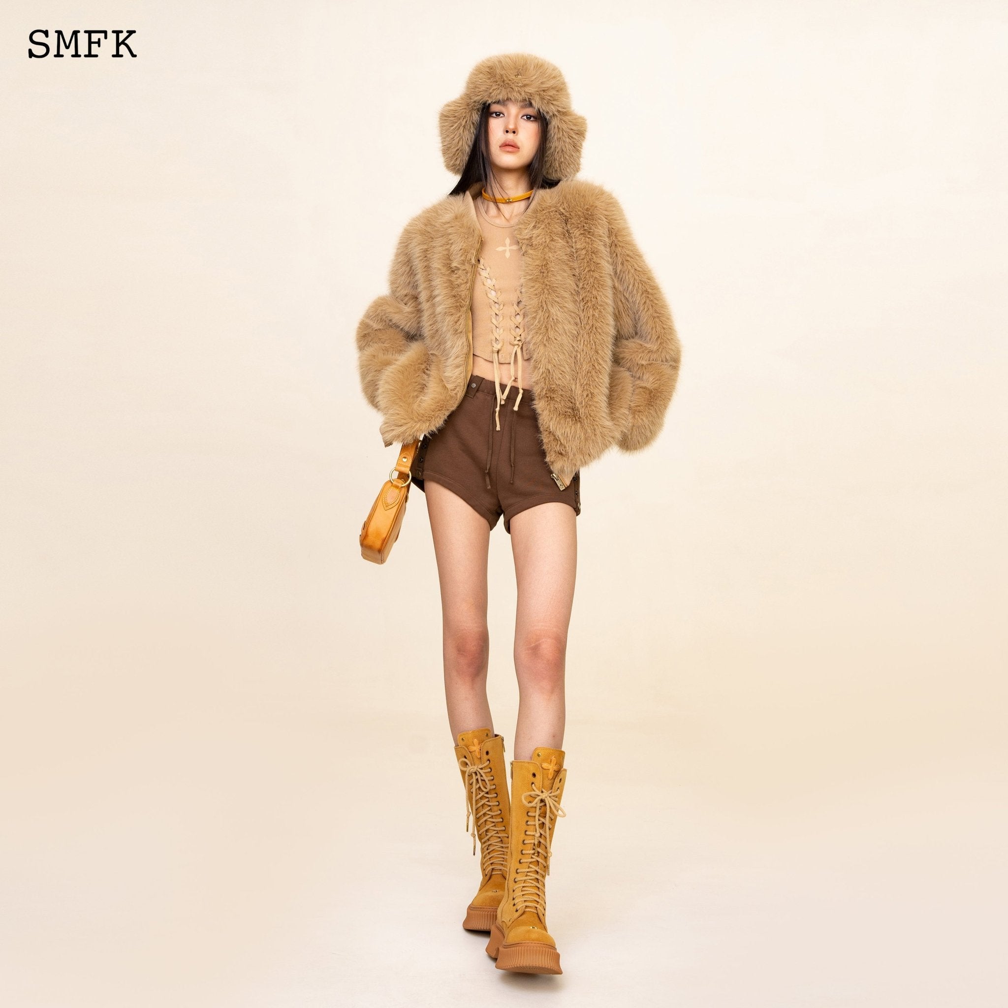 SMFK WildWorld Baseball Faux Fur Jacket In Wheat | MADA IN CHINA