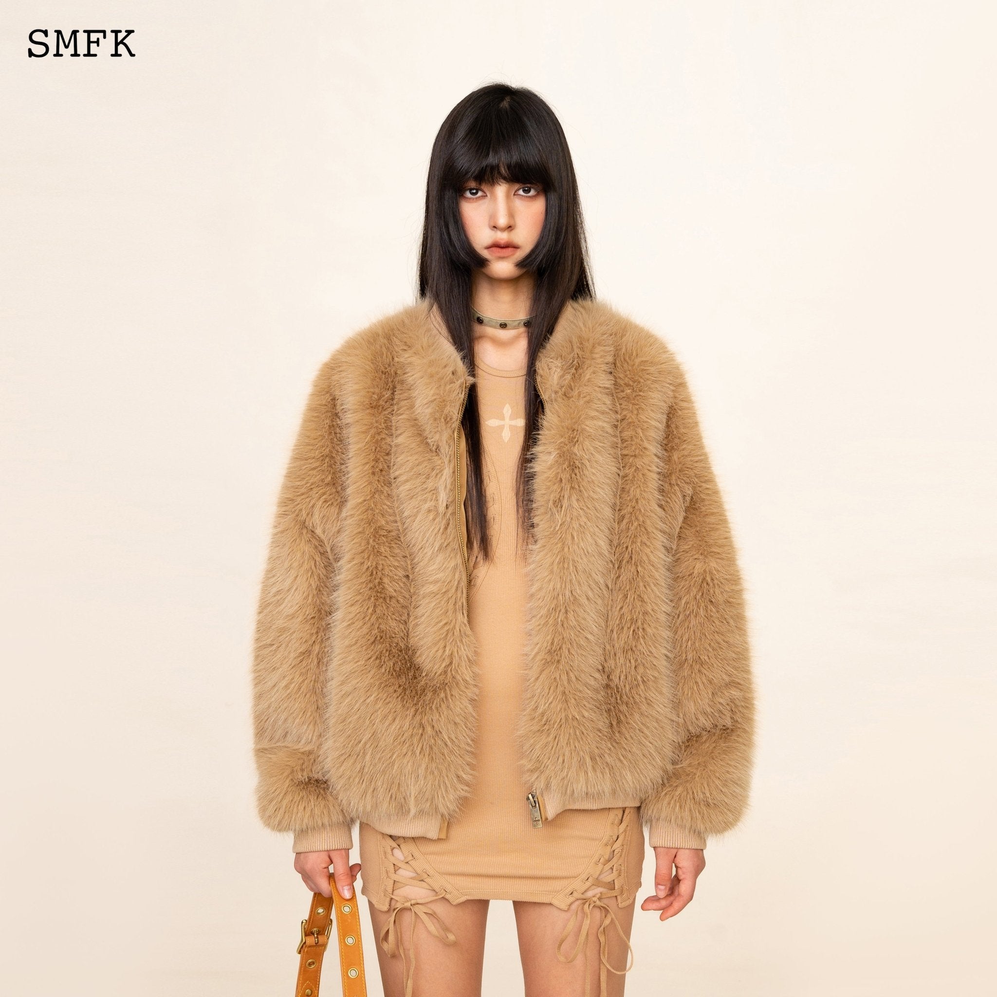 SMFK WildWorld Baseball Faux Fur Jacket In Wheat | MADA IN CHINA