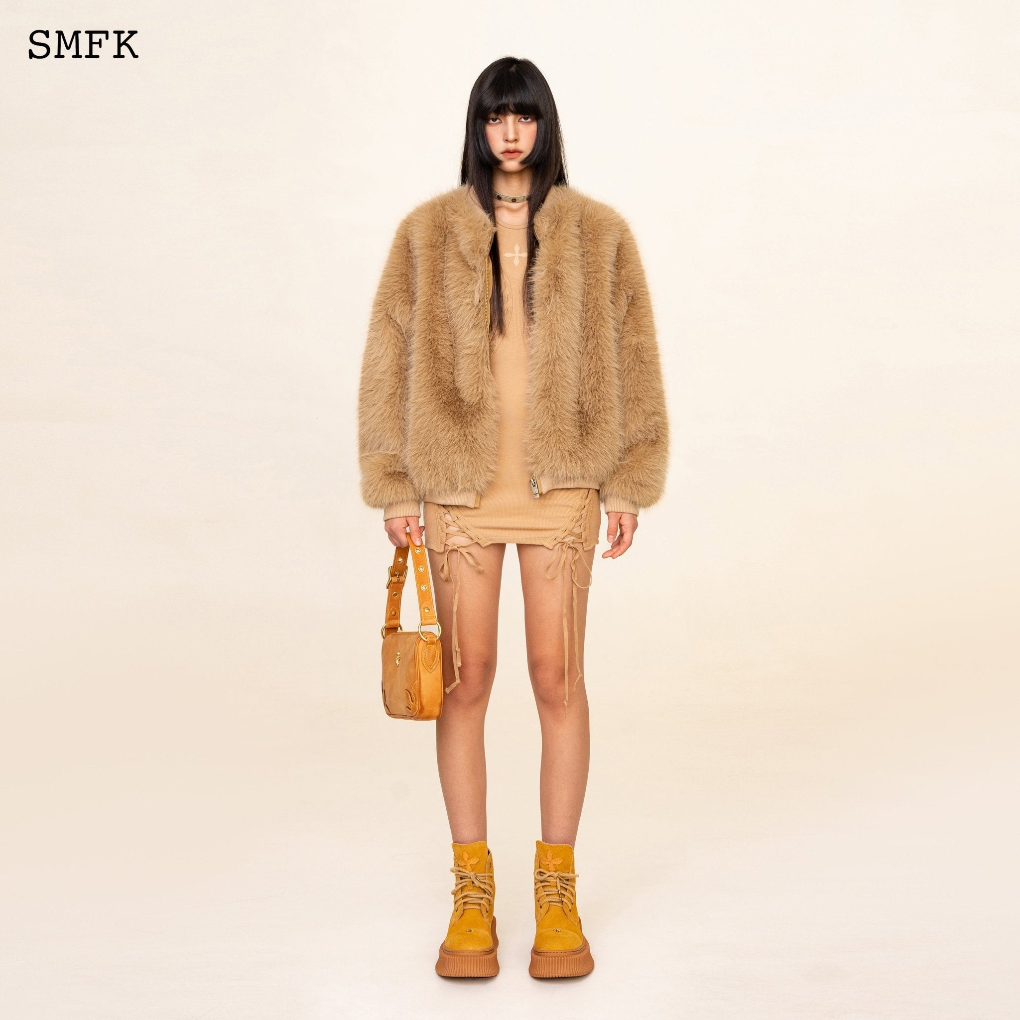 SMFK WildWorld Baseball Faux Fur Jacket In Wheat | MADA IN CHINA